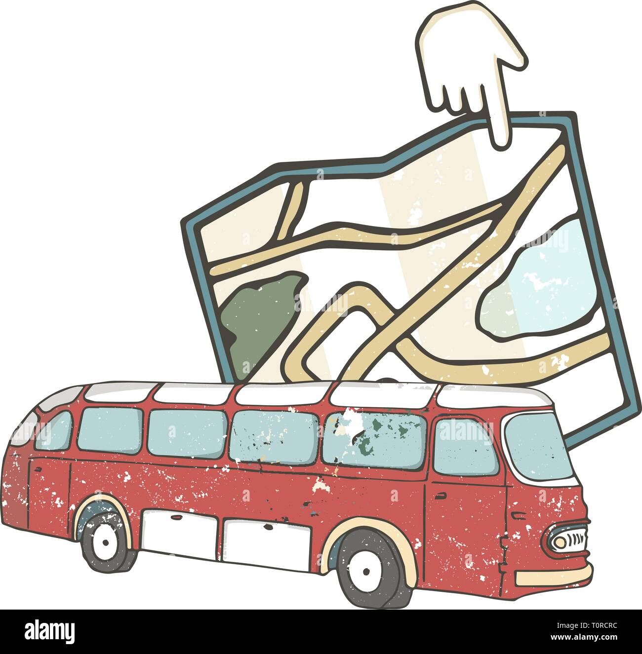 Vector Illustration Hand deawn Flachbild Ikone der lbus mit Karte. Navigator Stil für Reisen. Grunge Textur. Bus pont für Tourismus Stock Vektor