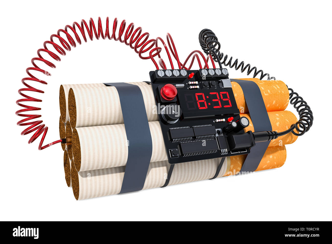 Zigaretten wie eine Zeitbombe, Rauchen aufhören Konzept. 3D-Rendering auf weißem Hintergrund Stockfoto