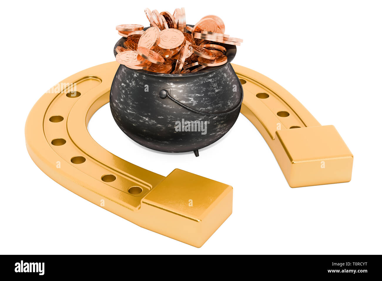Hufeisen mit Topf voll goldenen Münzen, 3D-Rendering auf weißem Hintergrund Stockfoto