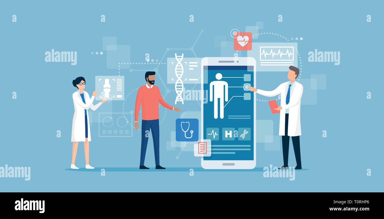 Ärzte, die einen Patienten mit einer medizinischen App auf einem Smartphone, online medizinische Beratung und Konzept Stock Vektor