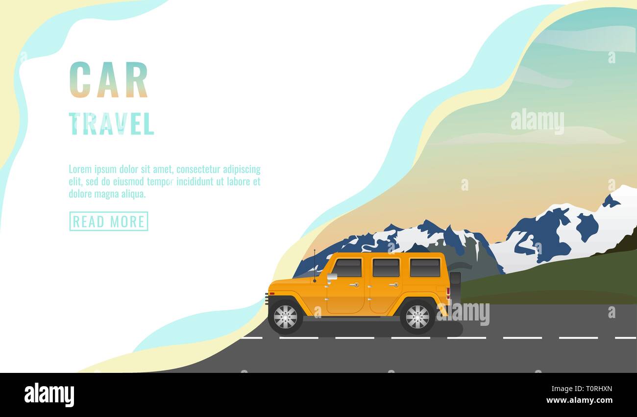 Landing Page Design, Banner mit Jeep Auto Reisen, Tourismus Konzept, gelb Auto auf der Straße, schöne Himmel mit Sternen, Sommerurlaub, Vektor Stock Vektor