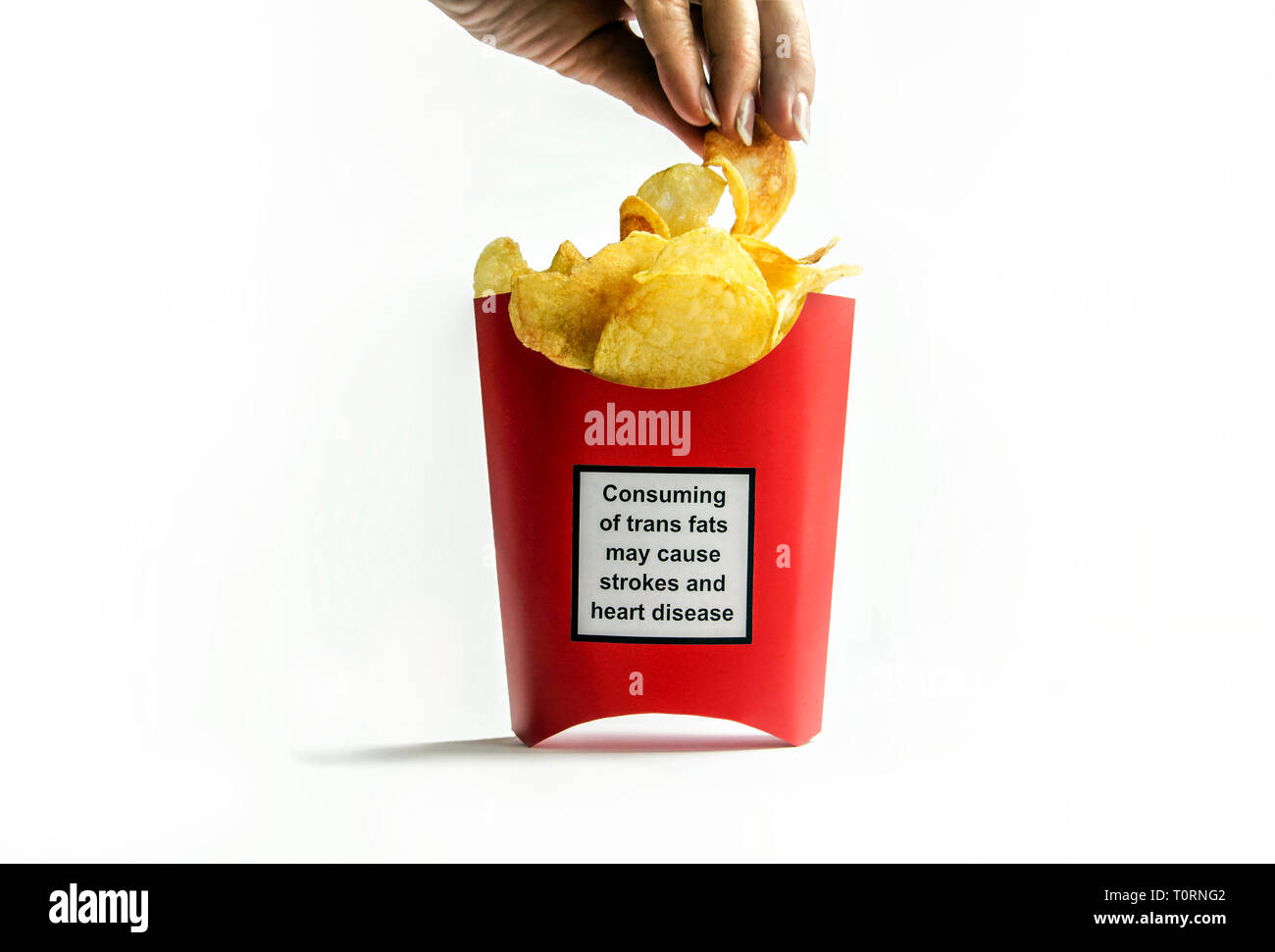 Kartoffelchips Paket mit Gesundheit Warnung Stockfoto