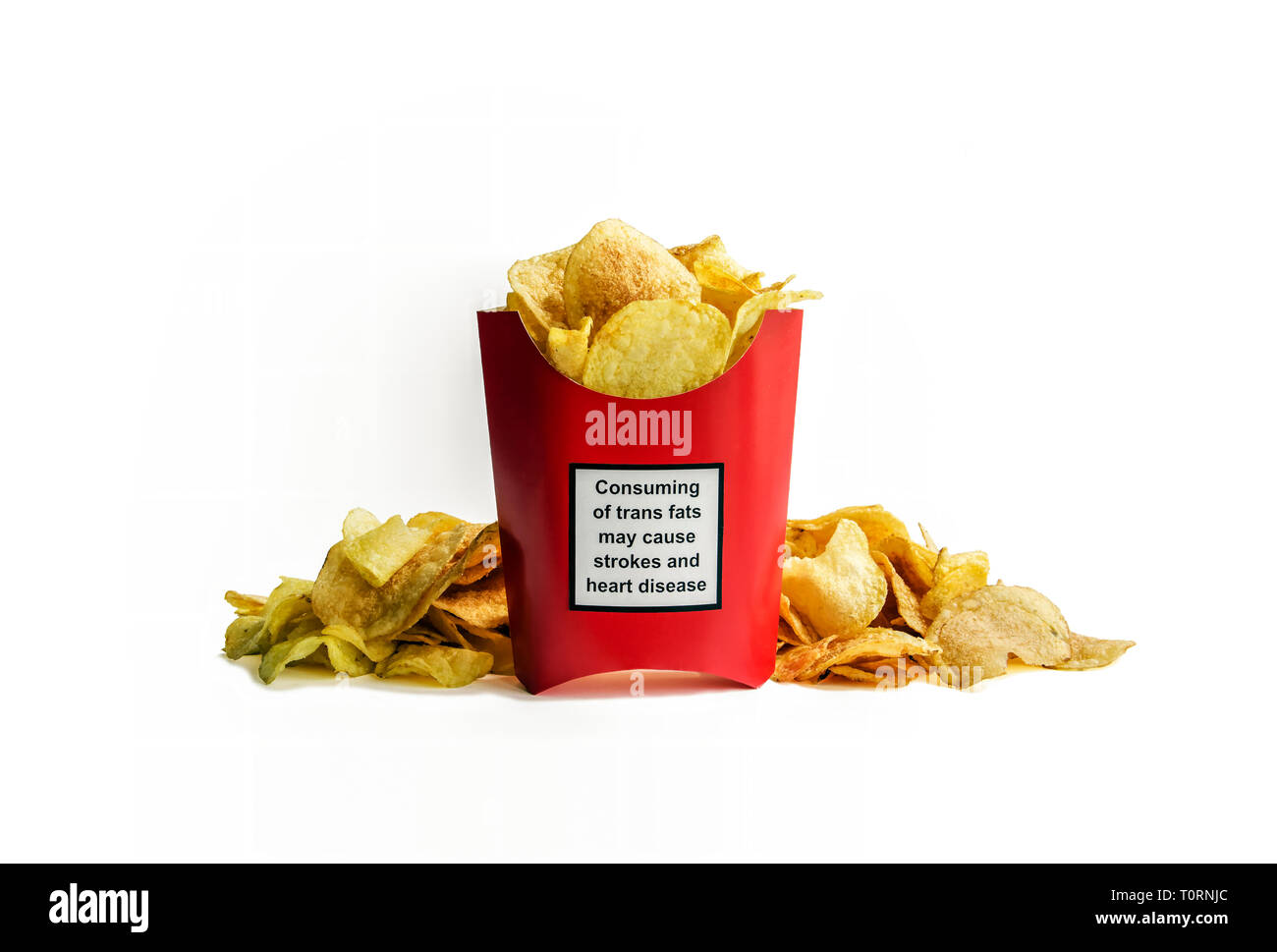 Kartoffelchips Paket mit Gesundheit Warnung Stockfoto