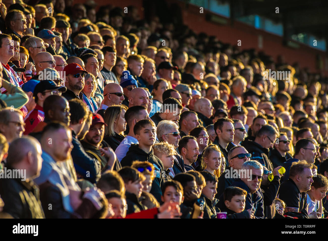 Fußball-Fans und Unterstützer, Übereinstimmung in der Sonne Stockfoto