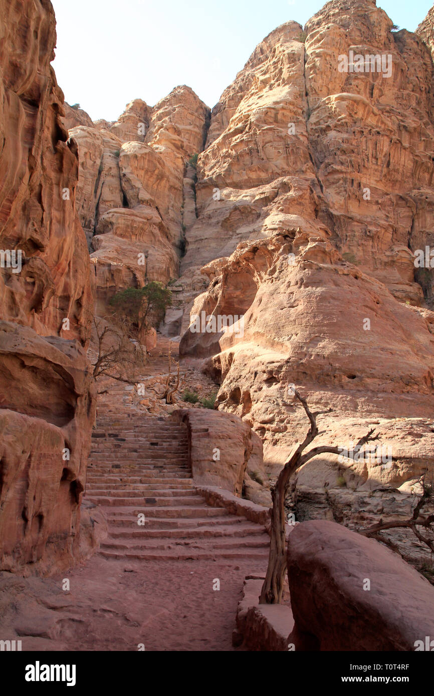 Eine Treppe führt durch ein Tal in der Wüste Stadt Petra, Jordanien Stockfoto