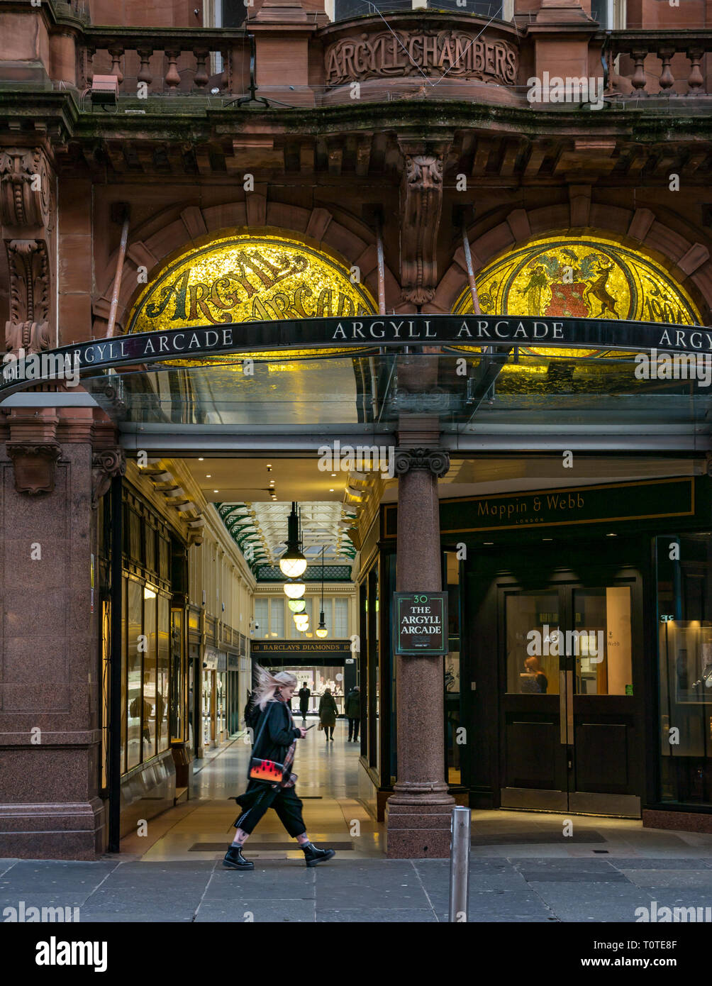 Eingang zum Argyll Arcade, Buchanan Street, Glasgow, Schottland, Großbritannien Stockfoto