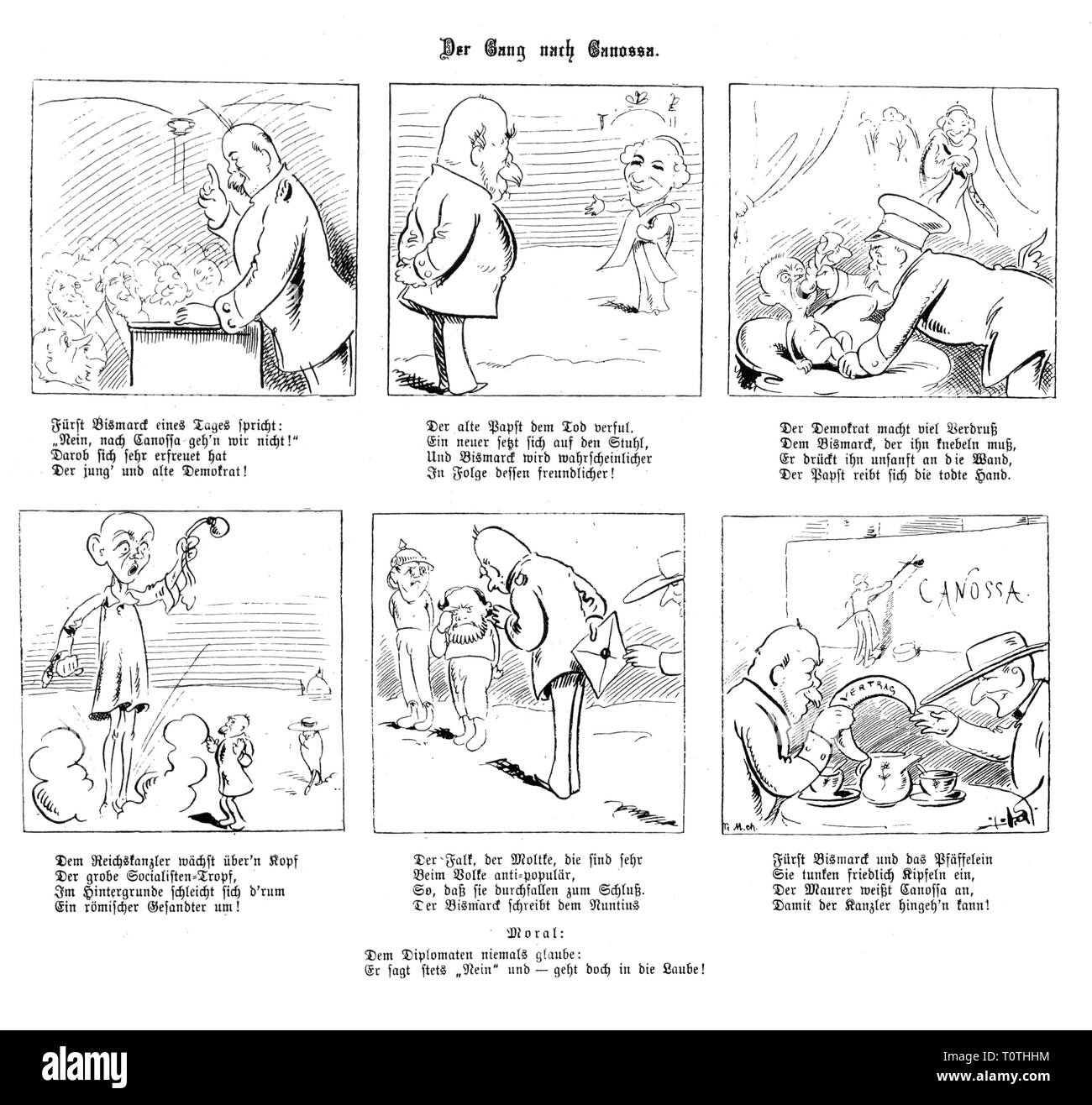 Politik, Kulturkampf, Karikatur, "Der Weg nach Canossa', Zeichnung, Wien, August 1878, Additional-Rights - Clearance-Info - Not-Available Stockfoto