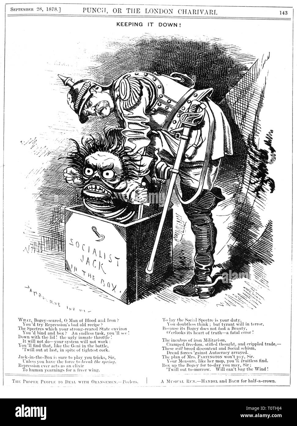 Politik, Sozialistengesetz, Karikatur, Otto von Bismarck drückt die sozialistische Jack-in-the-box zurück in die Box, "es unten halten!', Zeichnung von Edward Linley Sambourne, 'Lochen', London, 28.9.1878, Additional-Rights - Clearance-Info - Not-Available Stockfoto