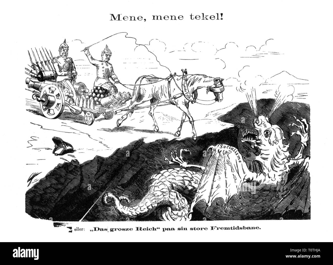 Politik, Sozialistengesetz, Karikatur, bin ene, mene, tekel! Oder das grosse Imperium auf seinem Weg in die Zukunft', Zeichnen, "Vikingen', 8.6.1878, Additional-Rights - Clearance-Info - Not-Available Stockfoto