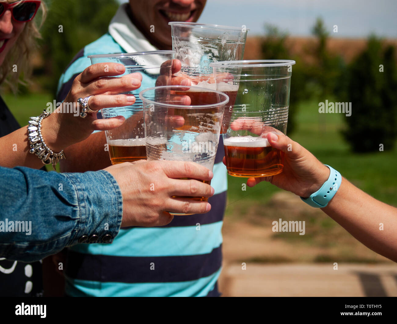 Eine Gruppe von Freunden Spaß und toasten Bier in einem Park auf einen Urlaub Stockfoto