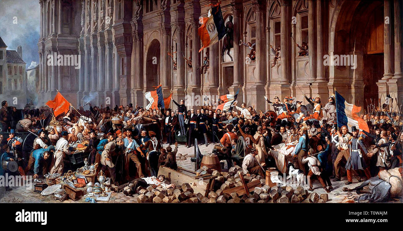Lamartine vor dem Rathaus von Paris lehnt die Rote Fahne am 25. Februar 1848 - Henri Félix Philippoteaux Emmanuel Stockfoto
