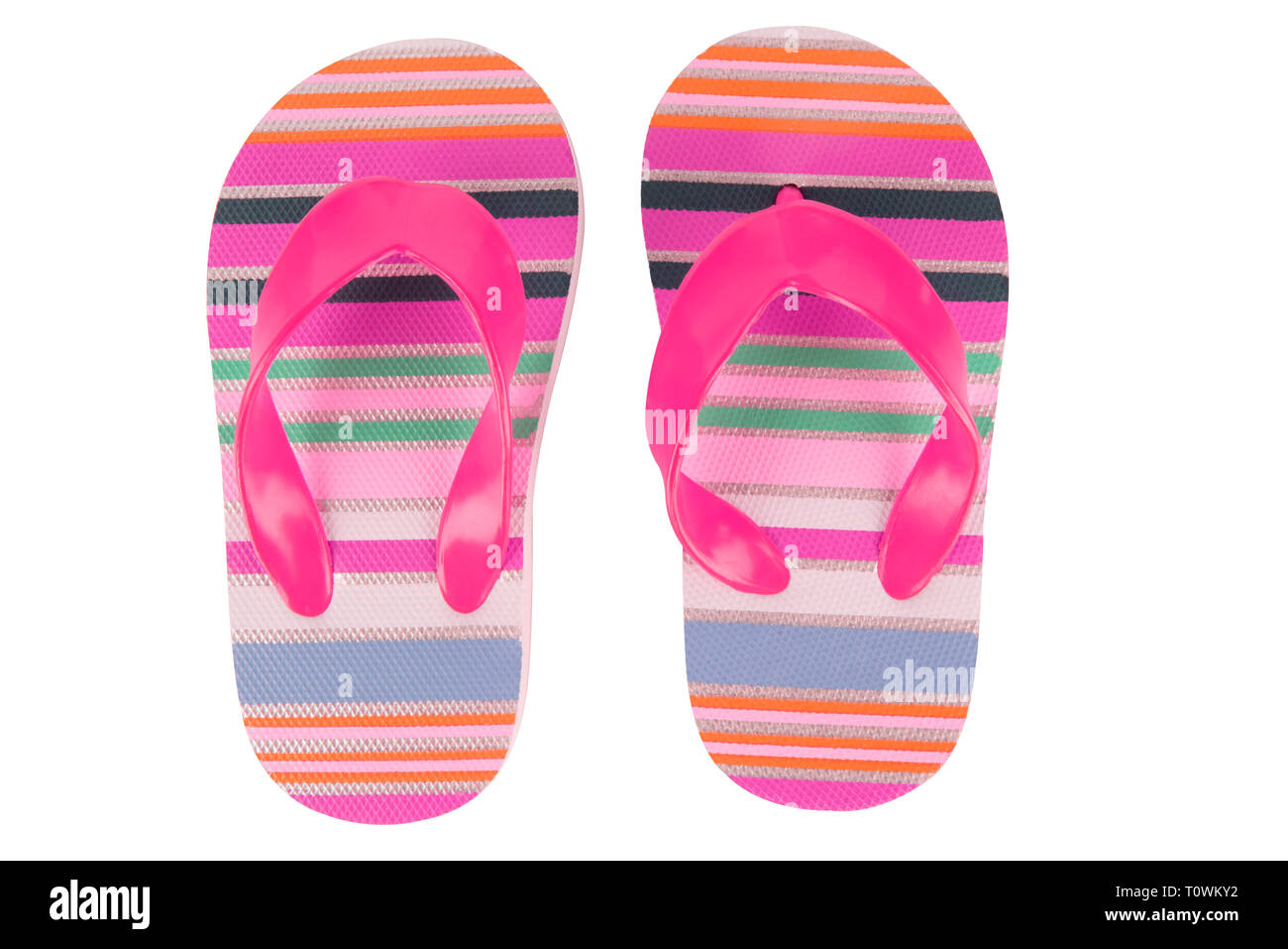 Ferienhäuser Strand sandals. Bunte Flip-flops auf weißem Hintergrund. Stockfoto