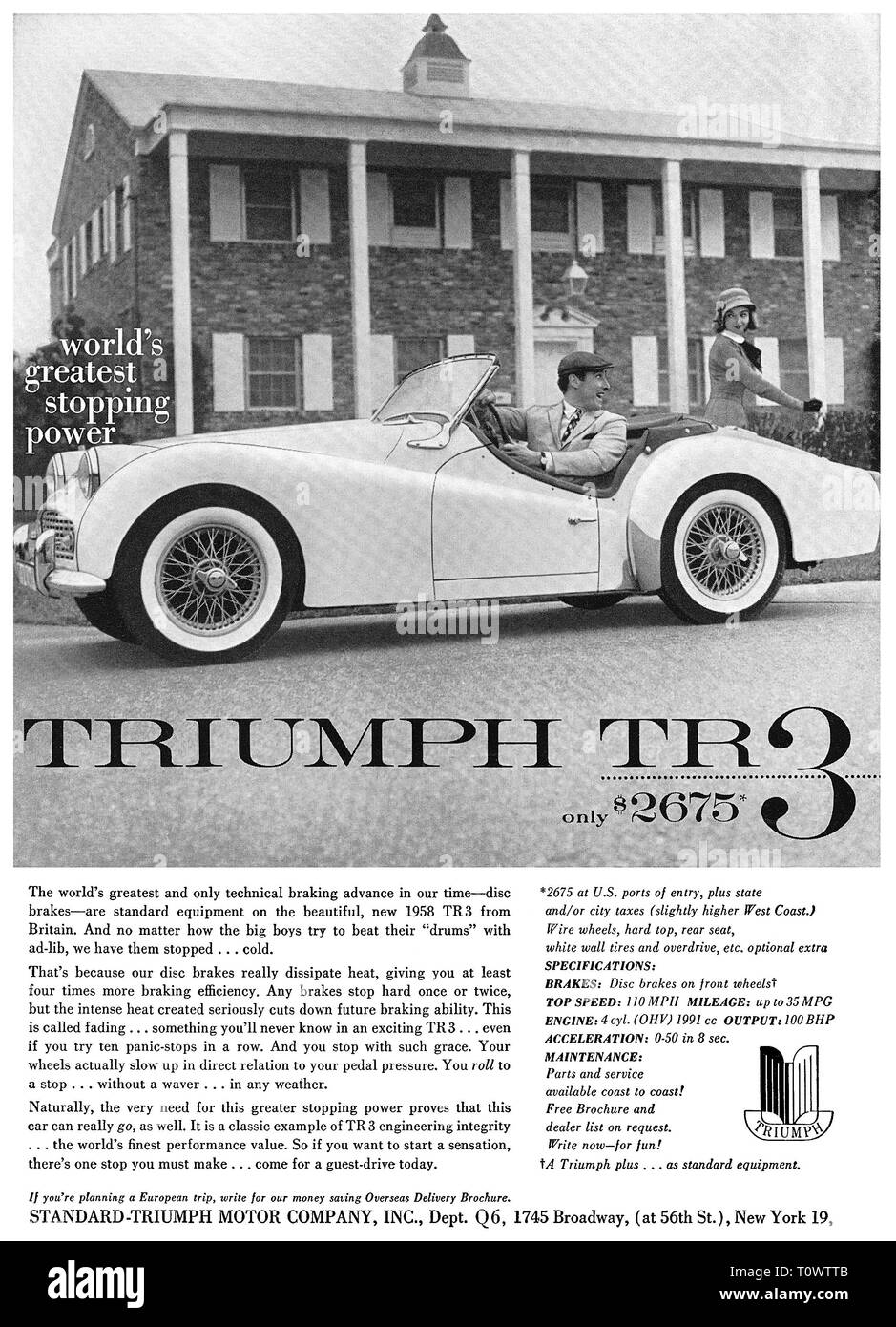 1958 britischen Werbung für die Triumph TR3 Sportwagen. Stockfoto