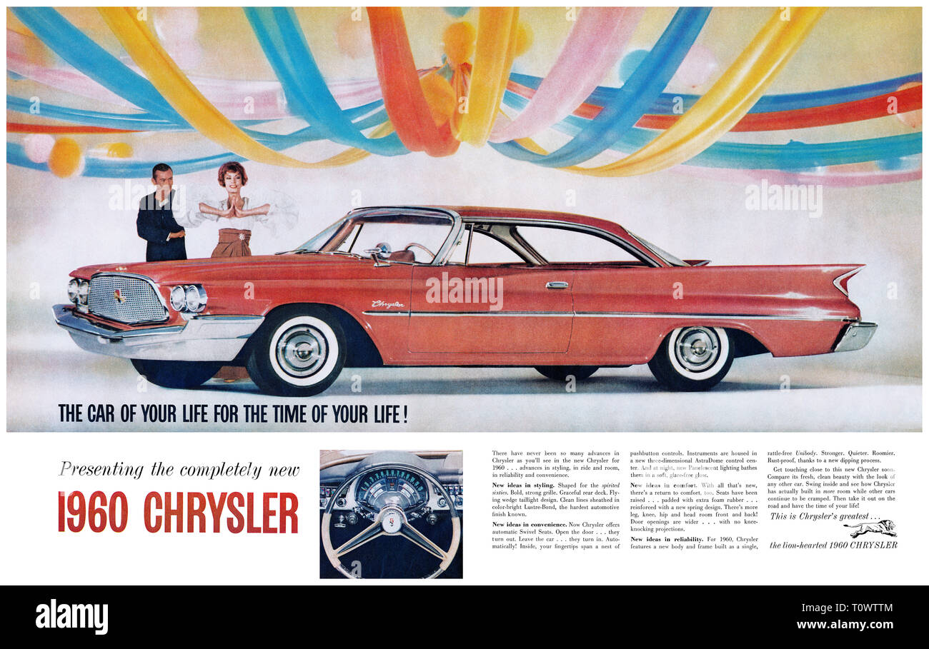 1959 US-Werbung für den 1960er Chrysler Automobile. Stockfoto