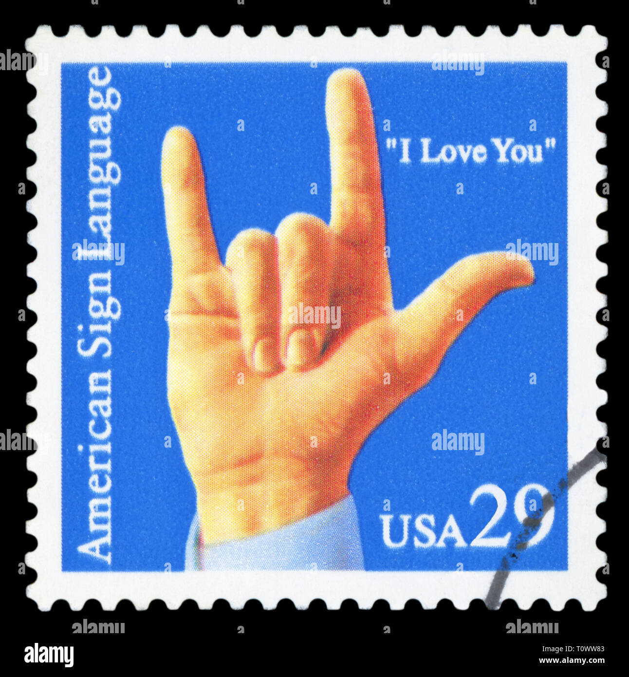 Vereinigte Staaten von Amerika, ca. 1993: einen Porto Stadium Stempel in den Vereinigten Staaten gedruckt zeigen ein Bild von einer Hand tun, "ich liebe Dich" Zeichen zum Gedenken an Stockfoto