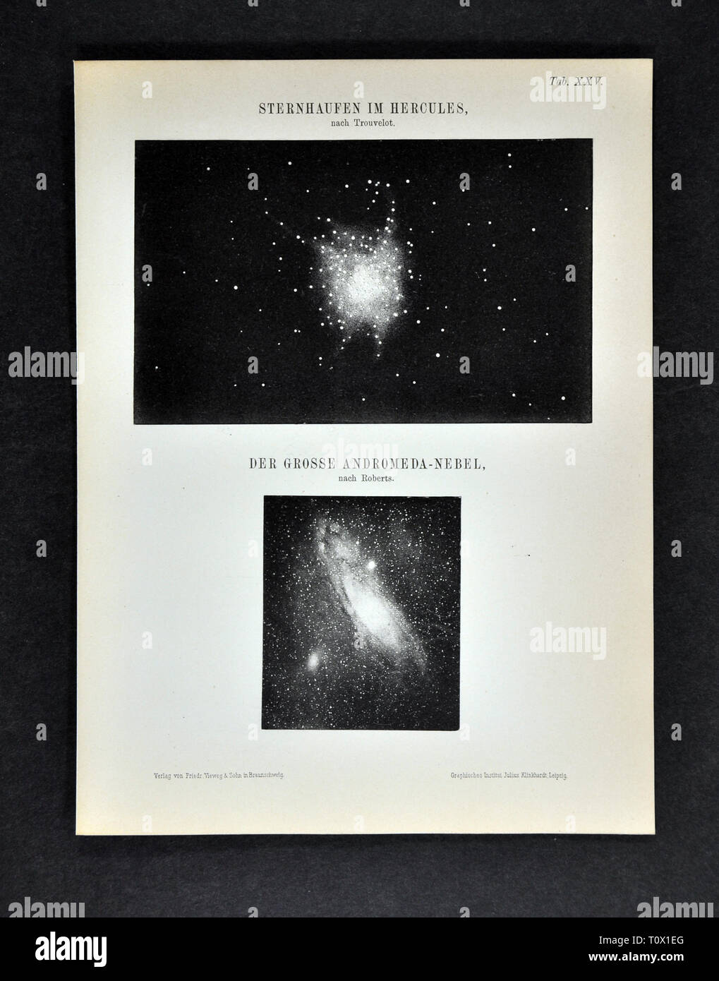 1894 Muller Astronomie Foto von Galaxy Star Cluster von Hercules und Andromeda Nebel durch Trouvelot und Roberts bzw. Stockfoto