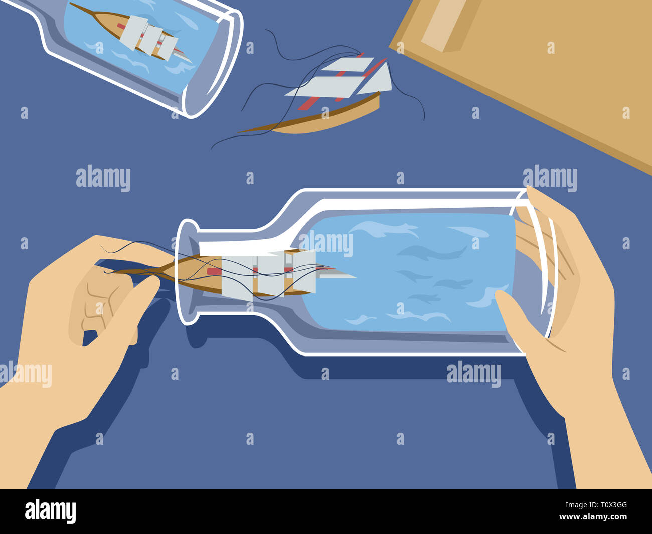 Abbildung: Hände, ein Boot in der Flasche Kunst Handwerk Stockfoto
