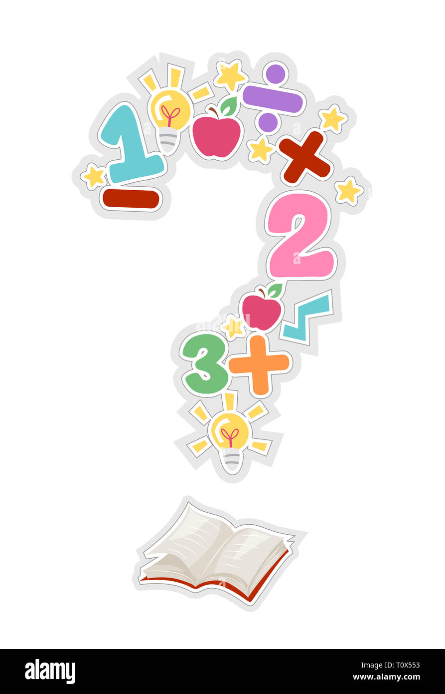 Abbildung: ein offenes Buch mit Zahlen und Mathematik Elemente bilden ein Fragezeichen Stockfoto