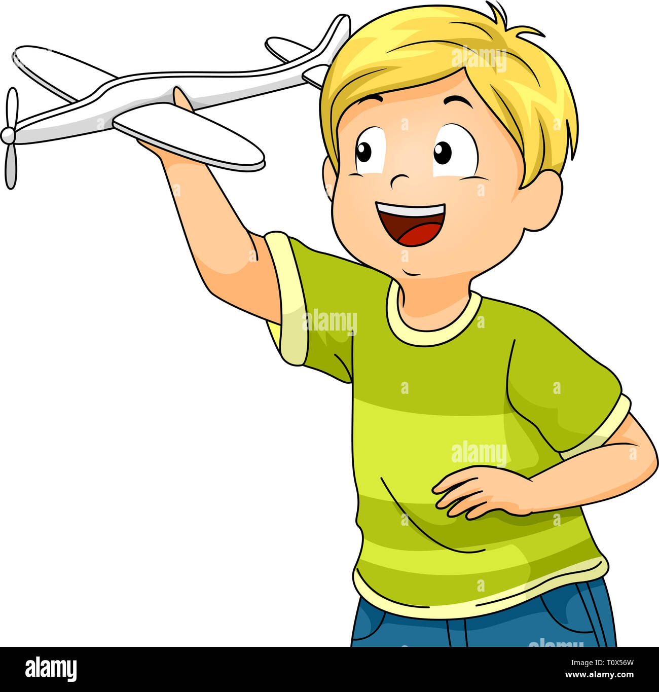 Abbildung: ein Kind Junge Holding ein Segelflugzeug machte er als Wissenschaft Projekt Stockfoto