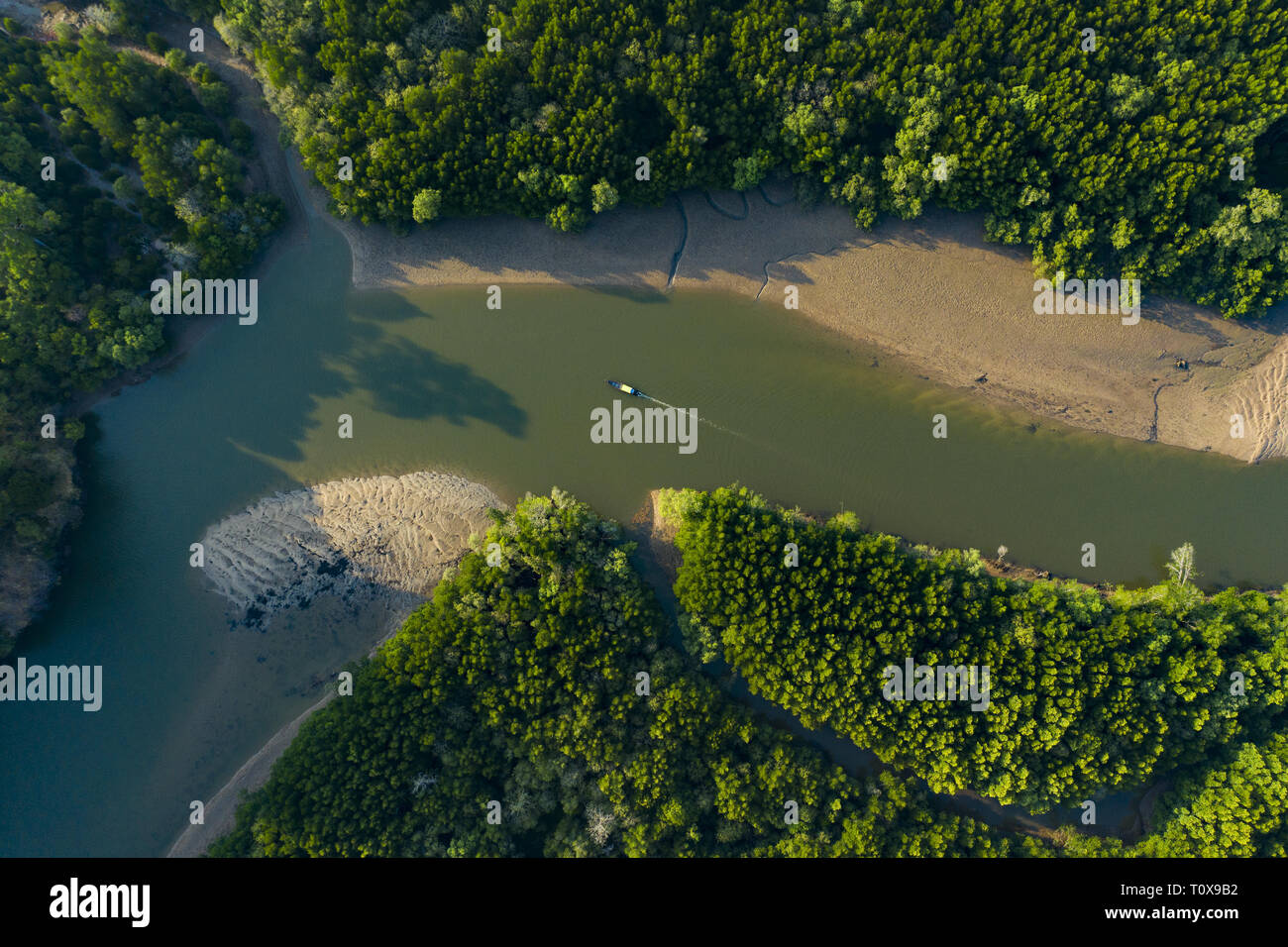 Ansicht von oben, beeindruckende Luftaufnahme eines traditionellen Long tail Boot, Segel auf einer Serpentine River durch einen grünen tropischen Wald fließt. Stockfoto