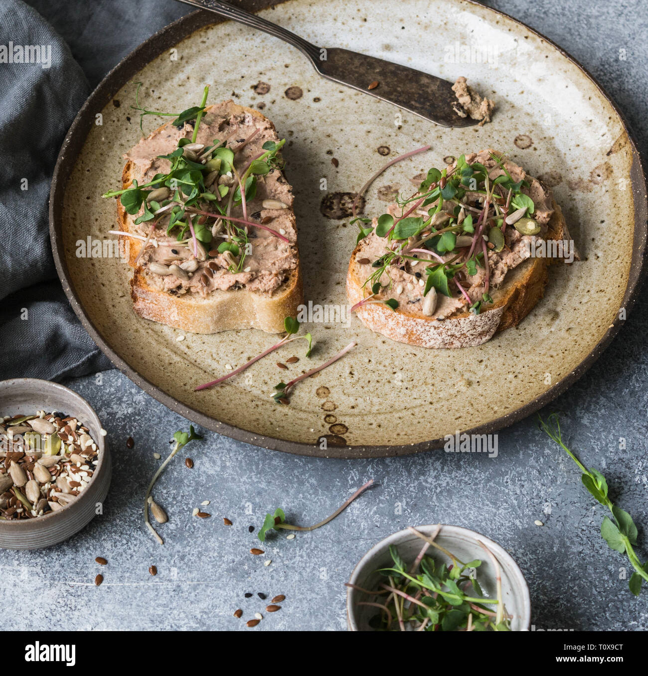 Zwei Toast Ente mit Backpflaumen rillettes Pastete auf Weißbrot mit Sprossen und verschiedenen Samen auf eine alte Platte Stockfoto