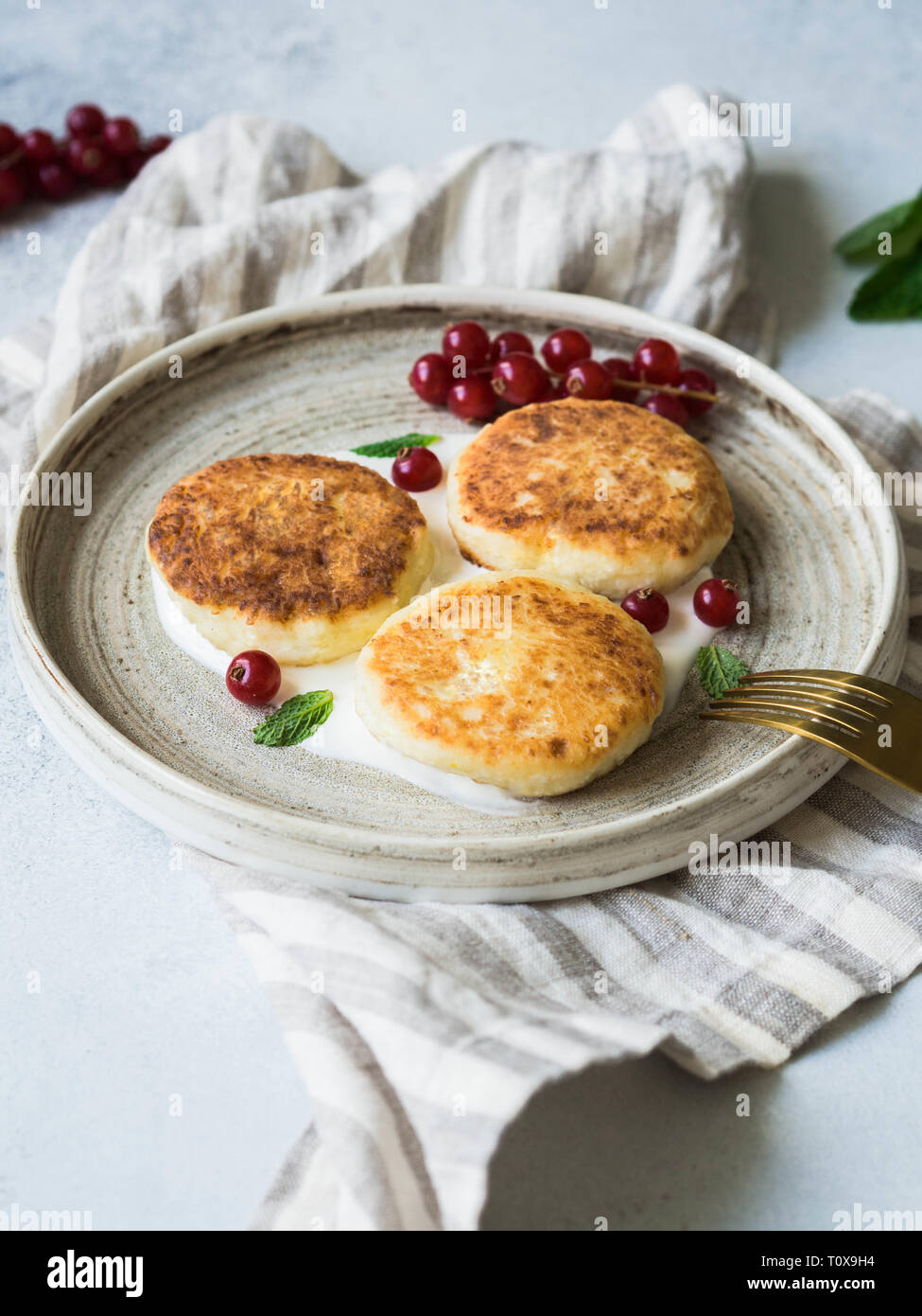 Hausgemachten Käse Kuchen aus Quark serviert auf einem blauen Keramikplatte mit Minze, Sauerrahm und Rote Johannisbeere Stockfoto