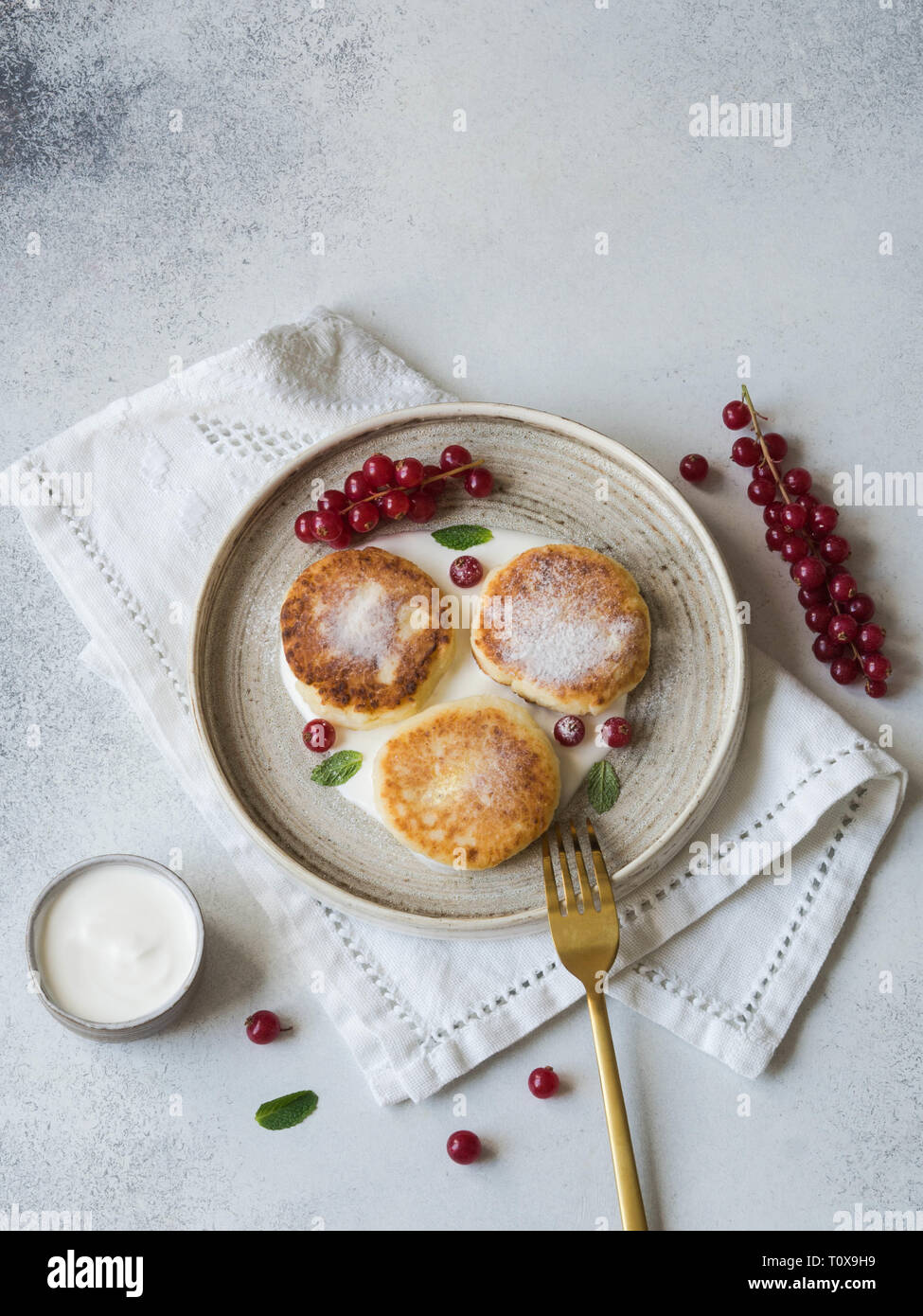 Hausgemachten Käse Kuchen aus Quark serviert auf einem weißen Keramikplatte mit Minze, Sauerrahm und Rote Johannisbeere auf grauem Hintergrund. Stockfoto