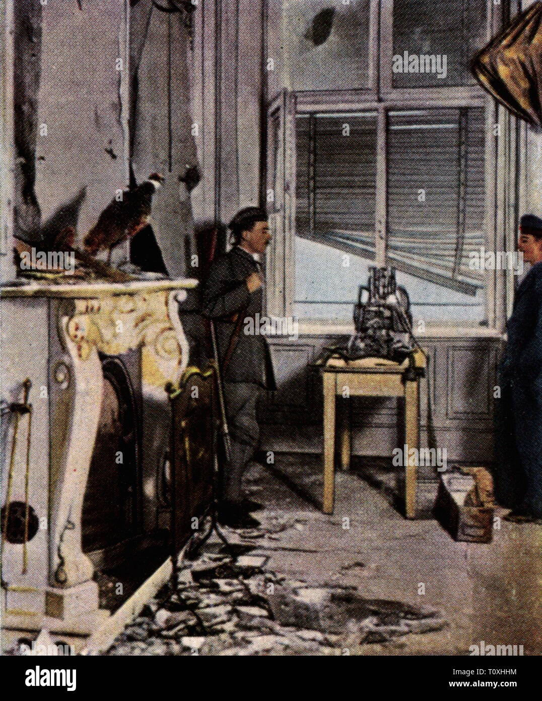 Deutsche Revolution 1918 - 1919, Maschinengewehr der Marine Division in einem Raum des Stadtschlosses, Berlin, 24.12.1918, Farbfoto, Zigarette Karte, Serie 'Die Nachkriegszeit', 1935, Weihnachten, Weihnachten, Weihnachten, Weihnachten, kämpfen, kämpfen, kämpfen, kämpfen, Unruhen, Störungen, erstellen Sie eine Störung, Aufstände, Revolten, Abrissarbeiten, machine gun Position, Militär, Soldaten, soldier, Preußen, Deutsche Revolution von 1918-1919, Deutschland, Deutsches Reich, Drittes Reich, Weimarer Republik, Leute, 20. Jahrhundert, Additional-Rights - Clearance-Info - Not-Available Stockfoto