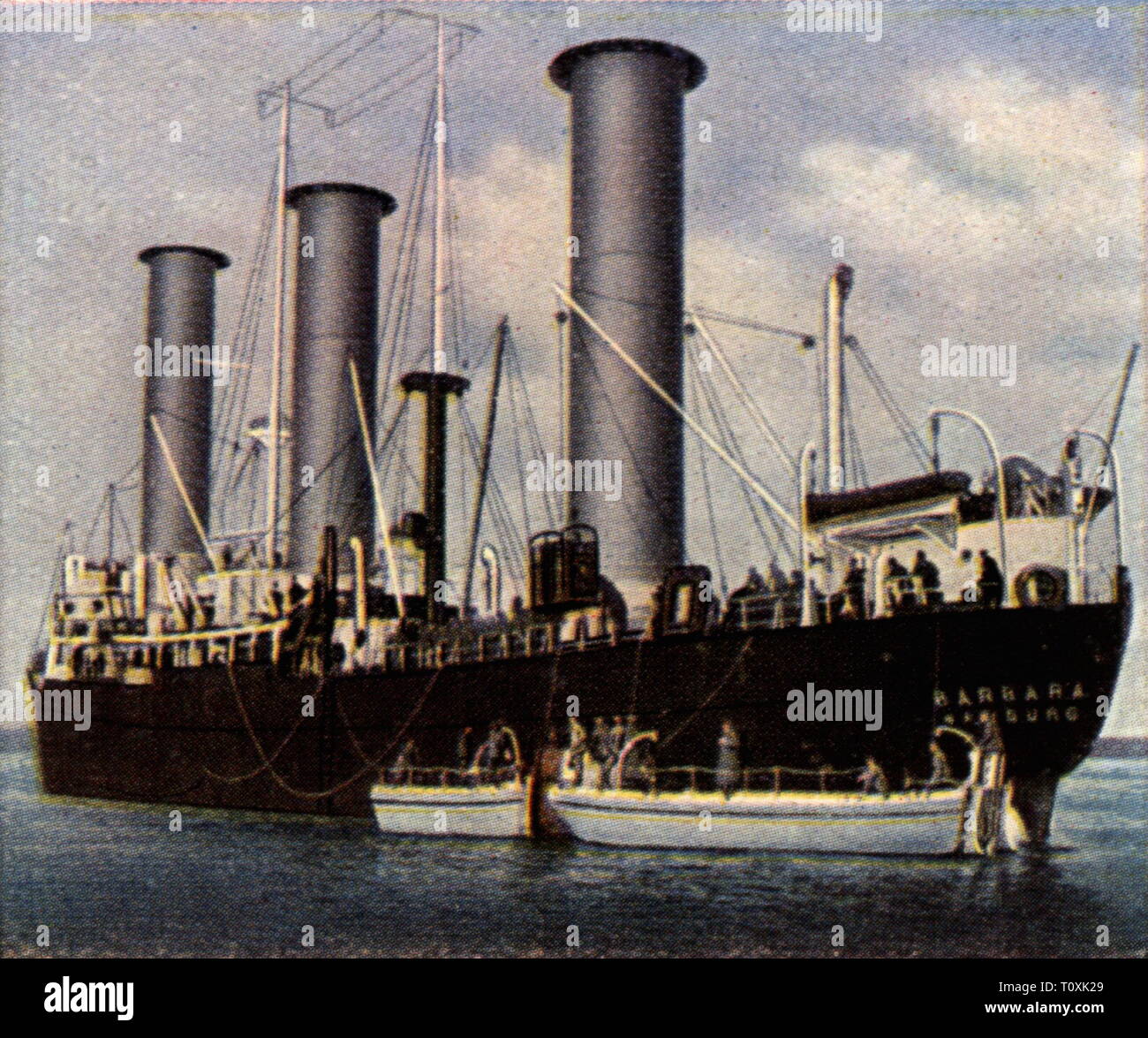 Transport/Verkehr, Navigation, Rotor Schiffe, Flettner rotor Schiff 'Barbara' der Reederei Rob. M. Sloman, an der Aktien-Gesellschaft "Weser", Bremen, 1926, Farbfoto, Zigarette Karte, Serie 'Die Nachkriegszeit', 1935, Frachtschiff, Frachter, Handelsschiff, Frachtschiffe, Frachter, Handelsschiffe, Anton Flettner, Rotor, Rotoren, Aktiengesellschaft, AG Weser, Prüfung für die Reichsmarine (Deutsche Marine), Marine, Menschen, 1920, S, 20. Jahrhundert, Transport, Transport, Schifffahrt, Reederei, farbig, farbige, Post, Additional-Rights - Clearance-Info - Not-Available Stockfoto