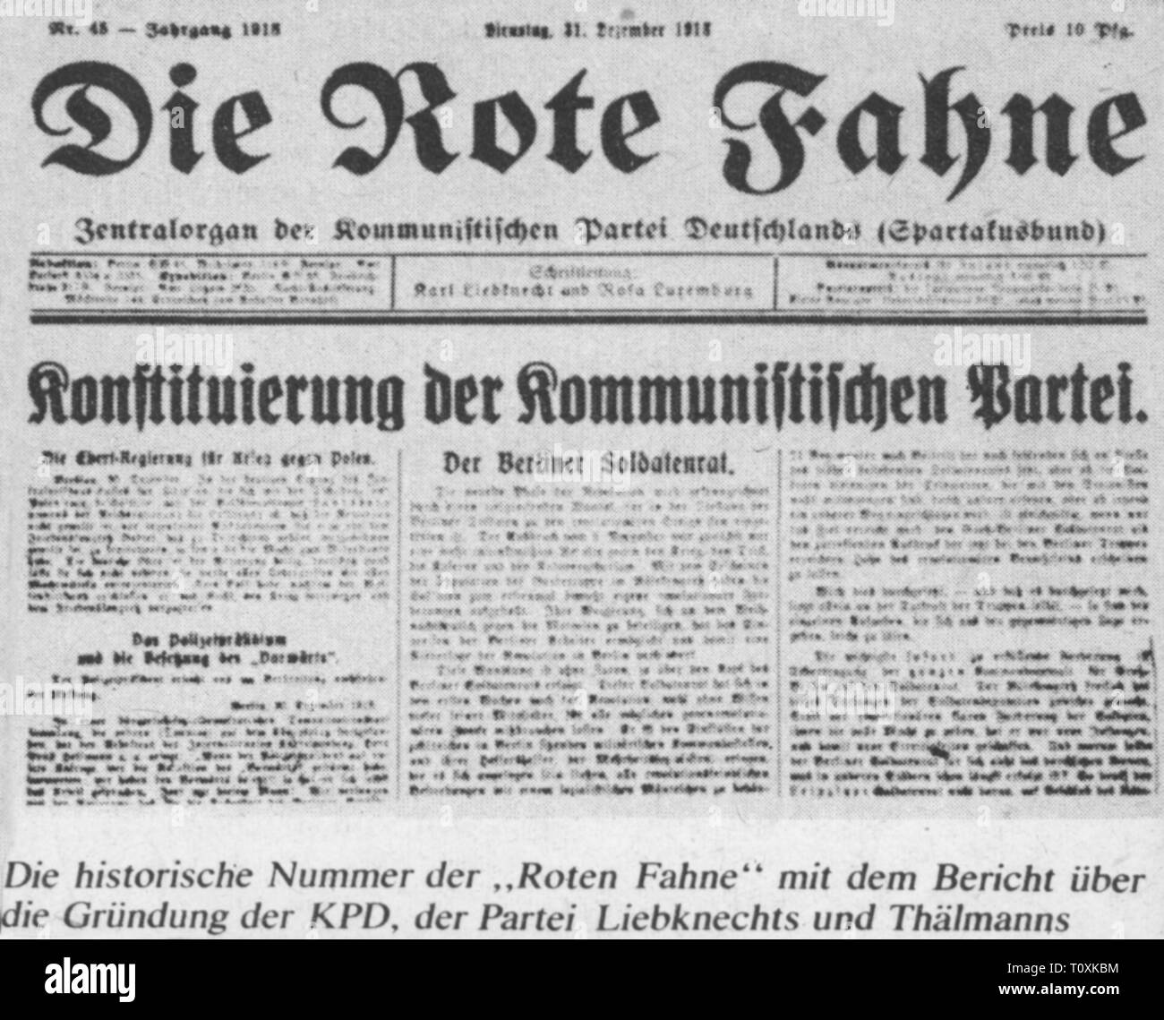 Presse/Medien, Zeitschriften, 'Die Rote Fahne" (Die Rote Fahne), vordere Seite, 1.Band, Nummer 45, Berlin, 31.12.1918, Additional-Rights - Clearance-Info - Not-Available Stockfoto