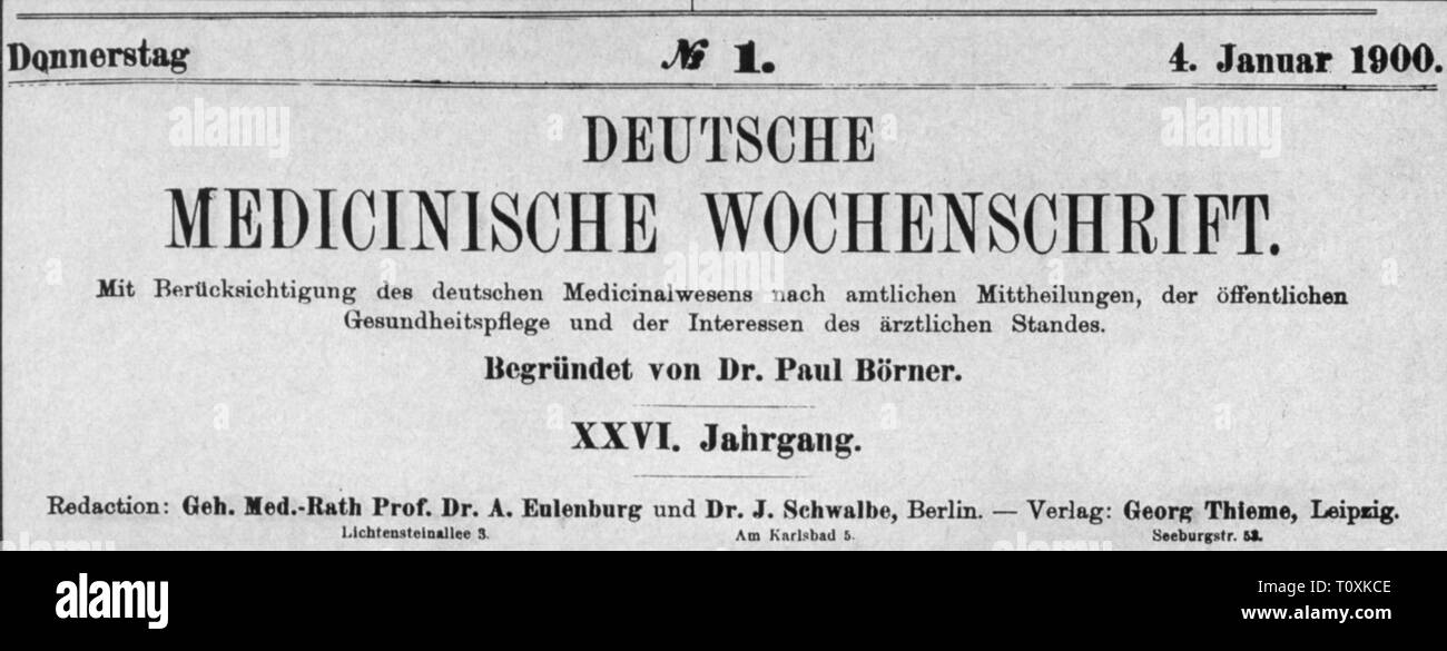 Presse/Medien, Zeitschriften, 'Deutsche Medicinische Wochenschrift" (German Medical wöchentlich), Vorderseite, Xxvi Band, Nummer 1, Leipzig, 4.1.1900, Additional-Rights - Clearance-Info - Not-Available Stockfoto