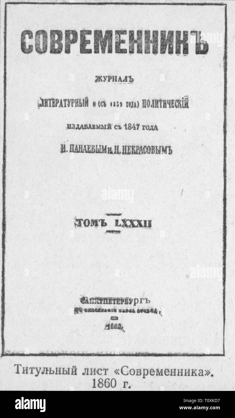 Presse/Medien, Zeitschriften, der ovremennik' (der Moderne), Vorderseite, Gründer: Alexander Puschkin (1799-1837), LXXXXIInd Band, Sankt Petersburg 1860, Additional-Rights - Clearance-Info - Not-Available Stockfoto