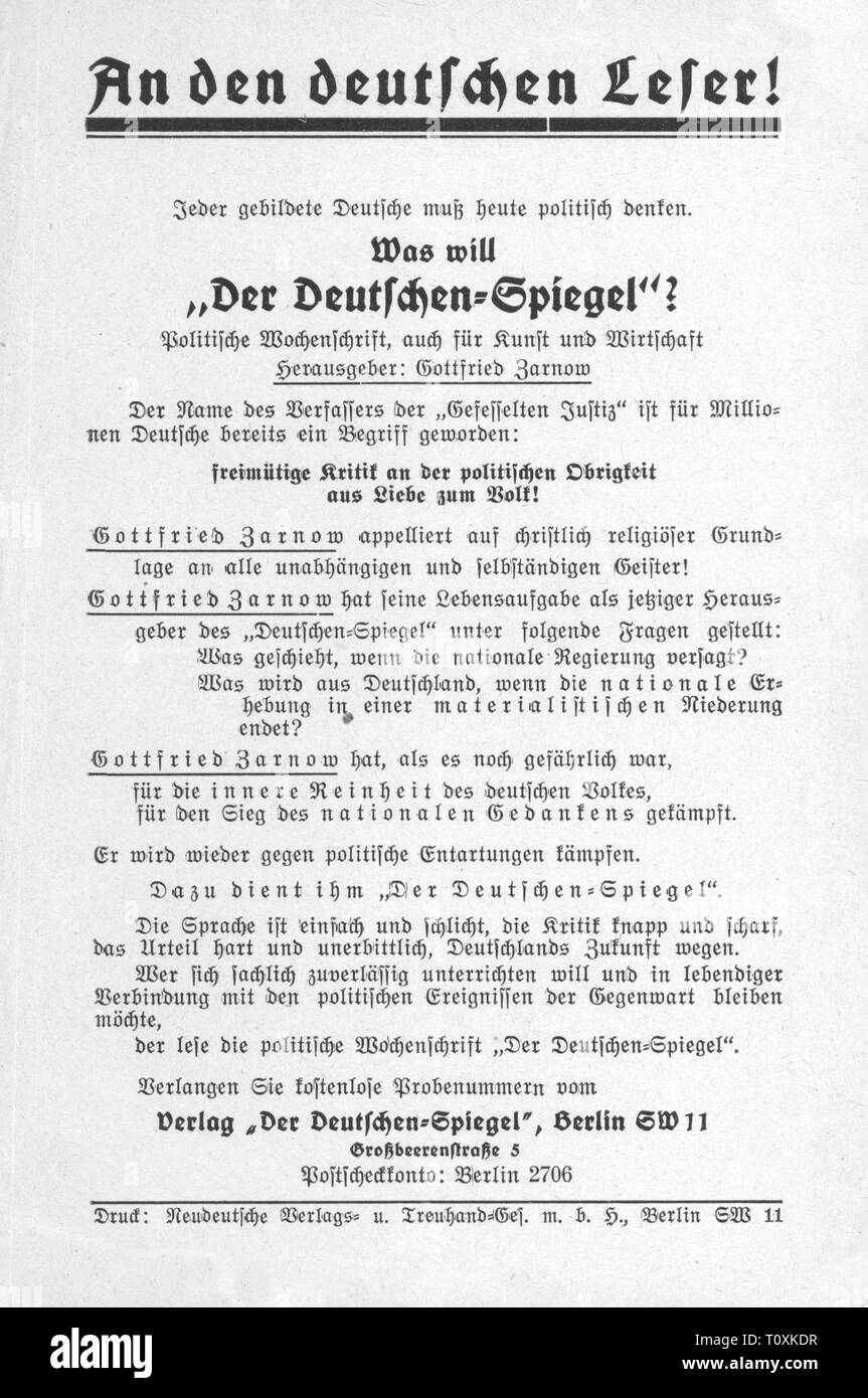 Werbung, Zeitschriften, Werbebroschüre für Zeitschrift 'Der Deutschen-Spiegel" (Der Spiegel), Herausgeber: Gottfried Zarnow, Berlin, 1933, - Additional-Rights Clearance-Info - Not-Available Stockfoto