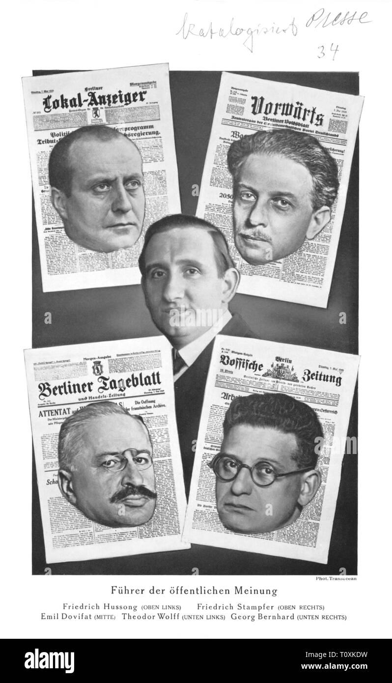 Presse/Medien, Zeitschriften, Porträts der Chefredaktion der Berliner Zeitung, Composite Foto, oben Fltr: Friedrich Hussong (1878-1943) (Berliner Lokal-Anzeiger), Friedrich Stampfer (1874 - 1957) (Vorwaerts), Mitte: Emil Dovifat (1890 - 1969), unten links: Theodor Wolff (1868 - 1943) (Berliner Tageblatt), Georg Bernhard (1875 - 1944) (Vossische Zeitung), ab: 'Deutsche Kurz-Post", Sonderheft 21, Berlin, 1929, Additional-Rights - Clearance-Info - Not-Available Stockfoto Presse/Medien, Zeitschriften, Porträts der Chefredaktion der Berliner Zeitung, Composite Foto, oben Fltr: Friedrich Hussong (1878-1943) (Berliner Lokal-Anzeiger), Friedrich Stampfer (1874 - 1957) (Vorwaerts), Mitte: Emil Dovifat (1890 - 1969), unten links: Theodor Wolff (1868 - 1943) (Berliner Tageblatt), Georg Bernhard (1875 - 1944) (Vossische Zeitung), ab: 'Deutsche Kurz-Post", Sonderheft 21, Berlin, 1929, Additional-Rights - Clearance-Info - Not-Available Stockfoto