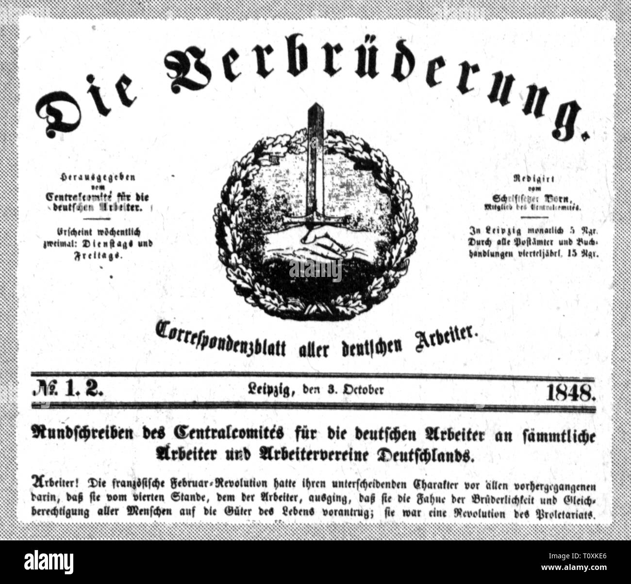 Presse/Medien, Zeitschriften, 'Die Verbruederung' (die Verbrüderung), vordere Seite, Nr. 25, Leipzig, 26.3.1850, Deutschland, Deutsche Revolution von 1848-1849, Grafik, Grafiken, Script, Scripts, deutsche Art, Impressum, Titel, Titel, Politik, Politik, Arbeitnehmer, Arbeiter, Arbeiterbewegung, Arbeitsorganisation, Arbeitsorganisation, Lorbeerkranz, Lorbeer Kränze, Schwert, Schwerter, Händedruck, Händedruck, Zeichnung, Typo, Schrift, Typ, Schriften, Schriftarten, Arten, Font, 19. Jahrhundert, erste Ausgabe, Zeitung, Zeitung, Presse, Pressen, Zahl, Zahlen, historischen, Historica, Additional-Rights - Clearance-Info - Not-Available Stockfoto