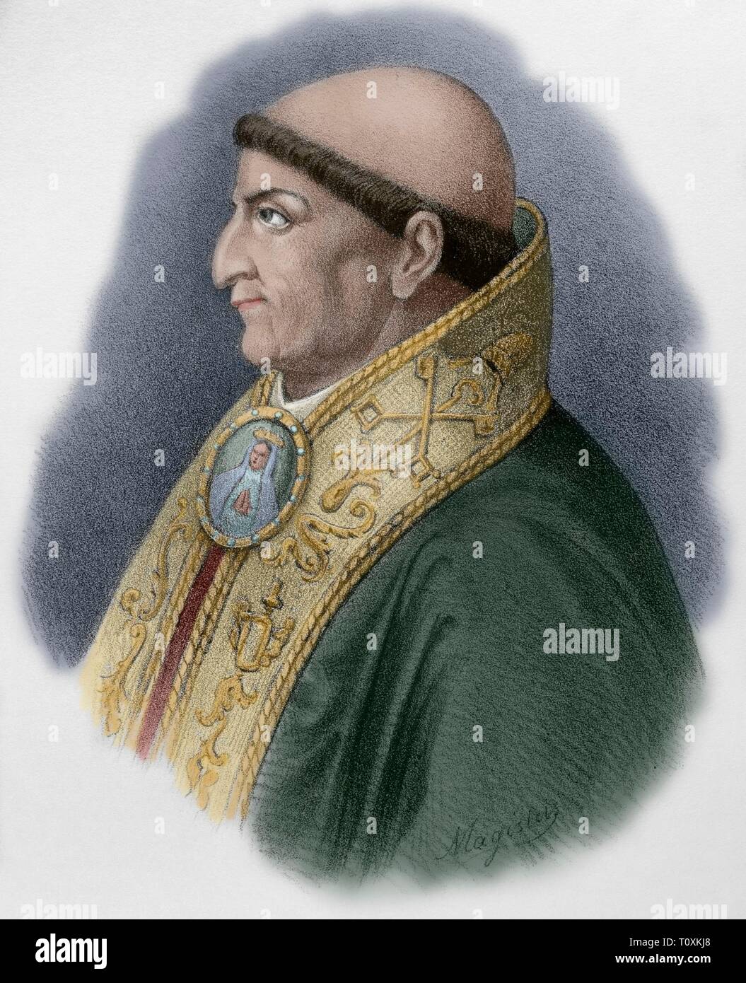 Francisco Jiménez de Cisneros, Conocido por Cardenal Cisneros (1436-1517). Cardenal, Frontera de Toledo, Primado de España y tercer Inquisidor General de Castilla. Litografía. Coloreada. Retrato. Crónica de España, Historia y Ilustrada Descriptiva de Sus Provincias. Castilla-La Nueva, 1869. Stockfoto