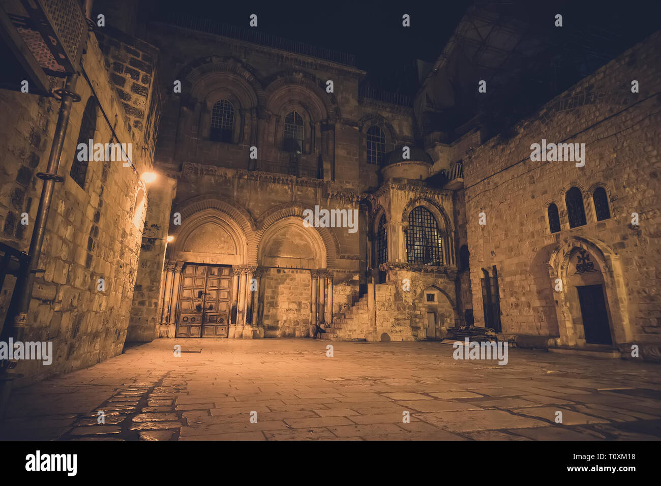 Vor der Kirche des Heiligen Grabes im christlichen Viertel der Altstadt von Jerusalem erschossen Bei den Toten in der Nacht. Jerusalem, Israel, Stockfoto