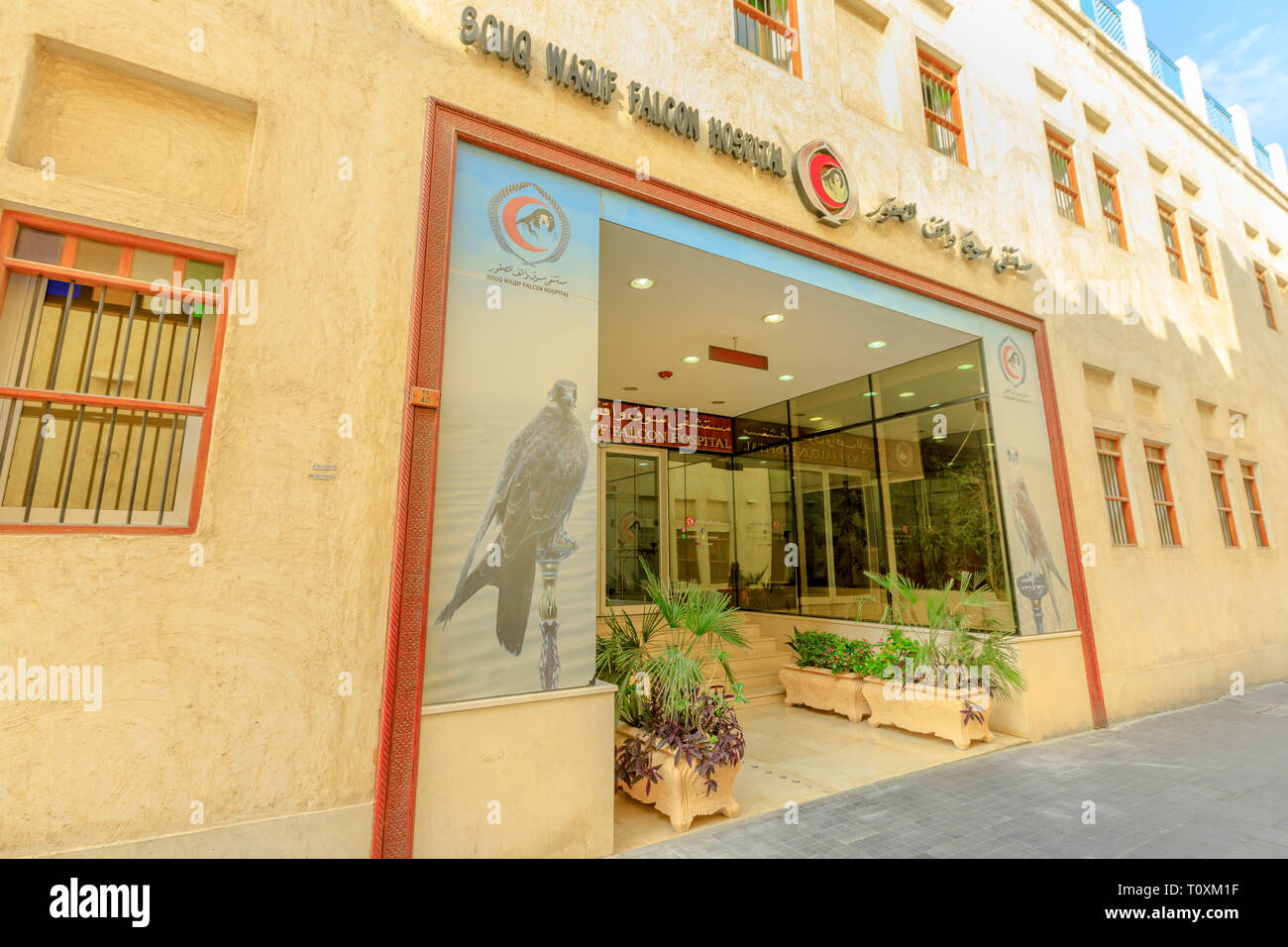 Doha, Katar - Februar 23, 2019: Eingang der Souq Waqif Falcon Hospital, ein Krankenhaus, in dem Vögel verletzt werden behandelt. Die Jagd mit Falken Stockfoto