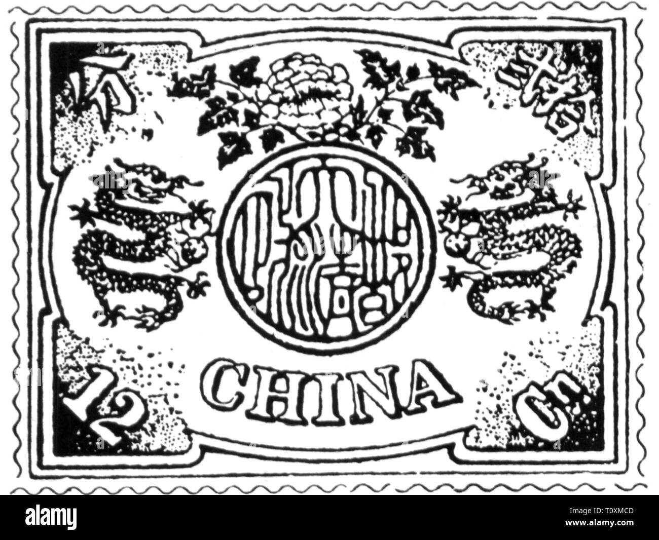 Mail, Briefmarken, China, Imperial mail, 12 Cent Briefmarke, später aus dem 19. Jahrhundert, Imperial Dragon, fabelhafte Tier, fabelhaften Tiere, Mandschu-dynastie, Qing Dynastie, Qing, chinesische Reich, mail, Post, Briefmarke, Briefmarken, historische, historische, Additional-Rights - Clearance-Info - Not-Available Stockfoto