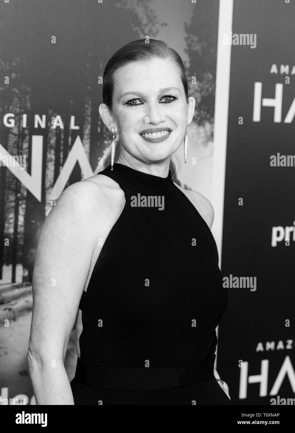 New York, Vereinigte Staaten. 21 Mär, 2019. Mireille Enos tragen Kleid von Brandon Maxwell besucht Saison 1 von Hanna auf Amazon Prime Video in Whitby Credit: Lev Radin/Pacific Press/Alamy leben Nachrichten Stockfoto