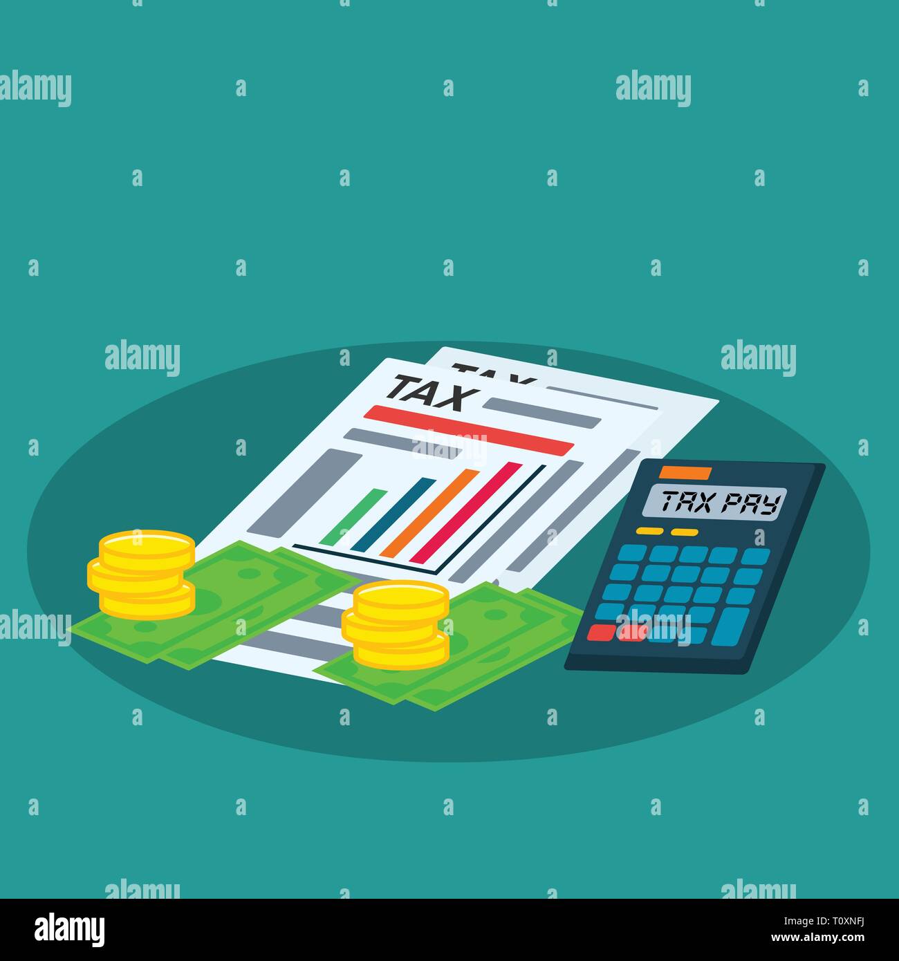 Steuer Dokument, Rechner, Münze, Geld für steuerliche Begriff Vektor illustration Stock Vektor