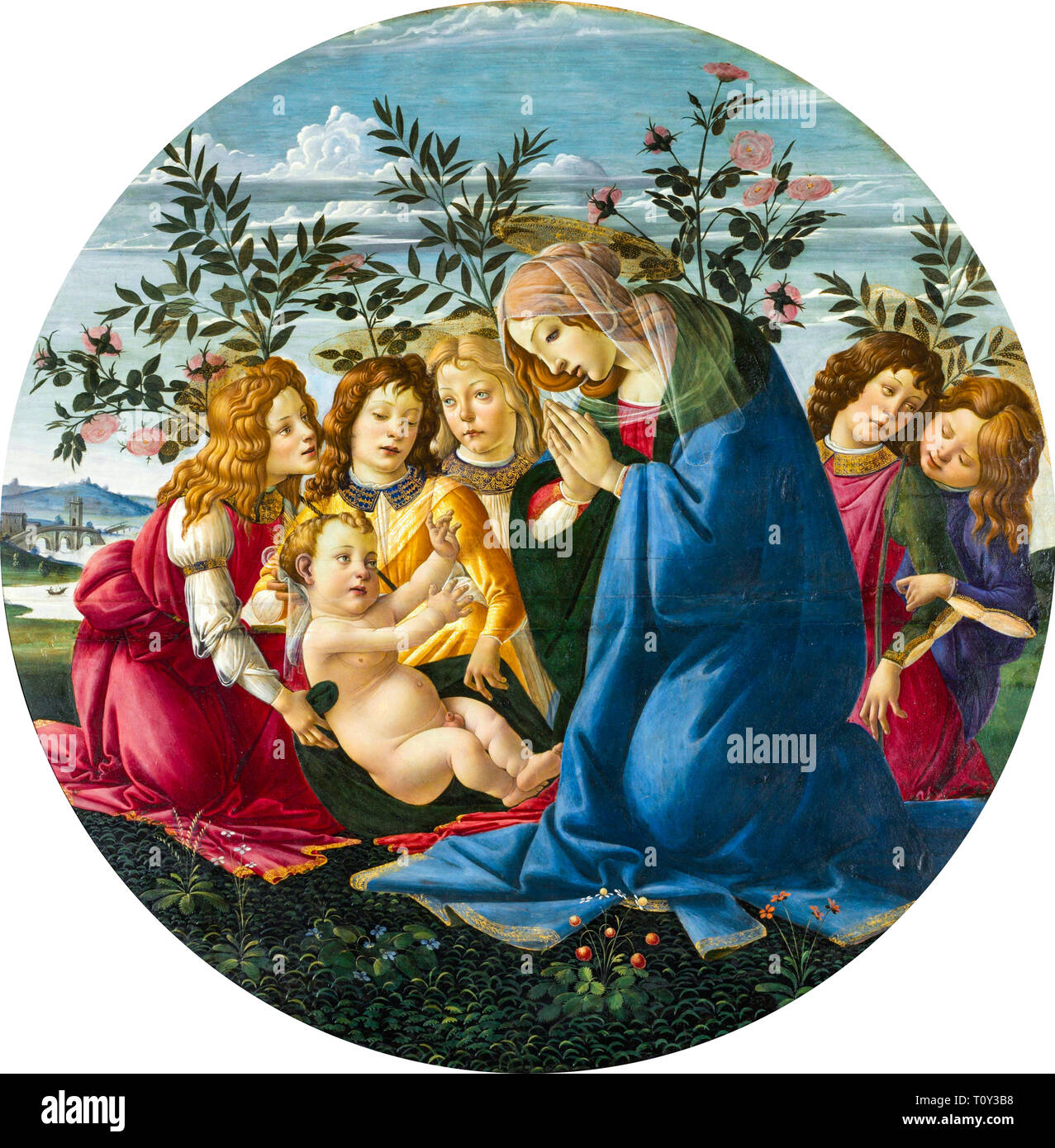 Sandro Botticelli, Madonna, das Kind mit fünf Engeln anbetend, Gemälde, um 1485 Stockfoto