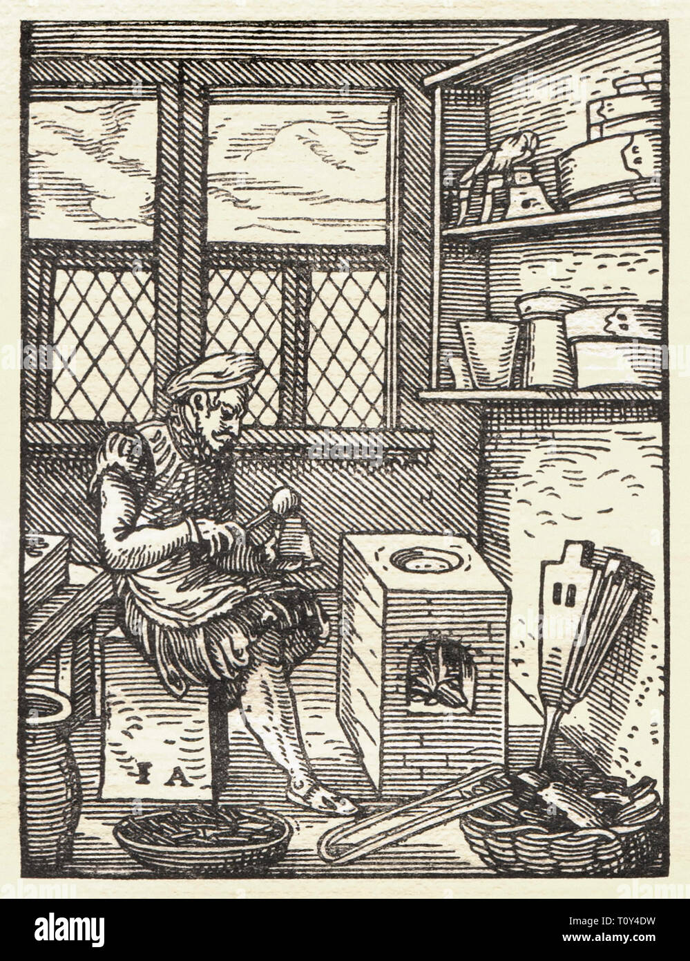 Eine punchcutter Vorbereitung einen Brief punch Schriftbild für den Einsatz in den Buchdruck zu produzieren. Holzschnitt von Jost Amman (1539-1591) von Das ständebuch im Jahre 1568 veröffentlicht. Stockfoto