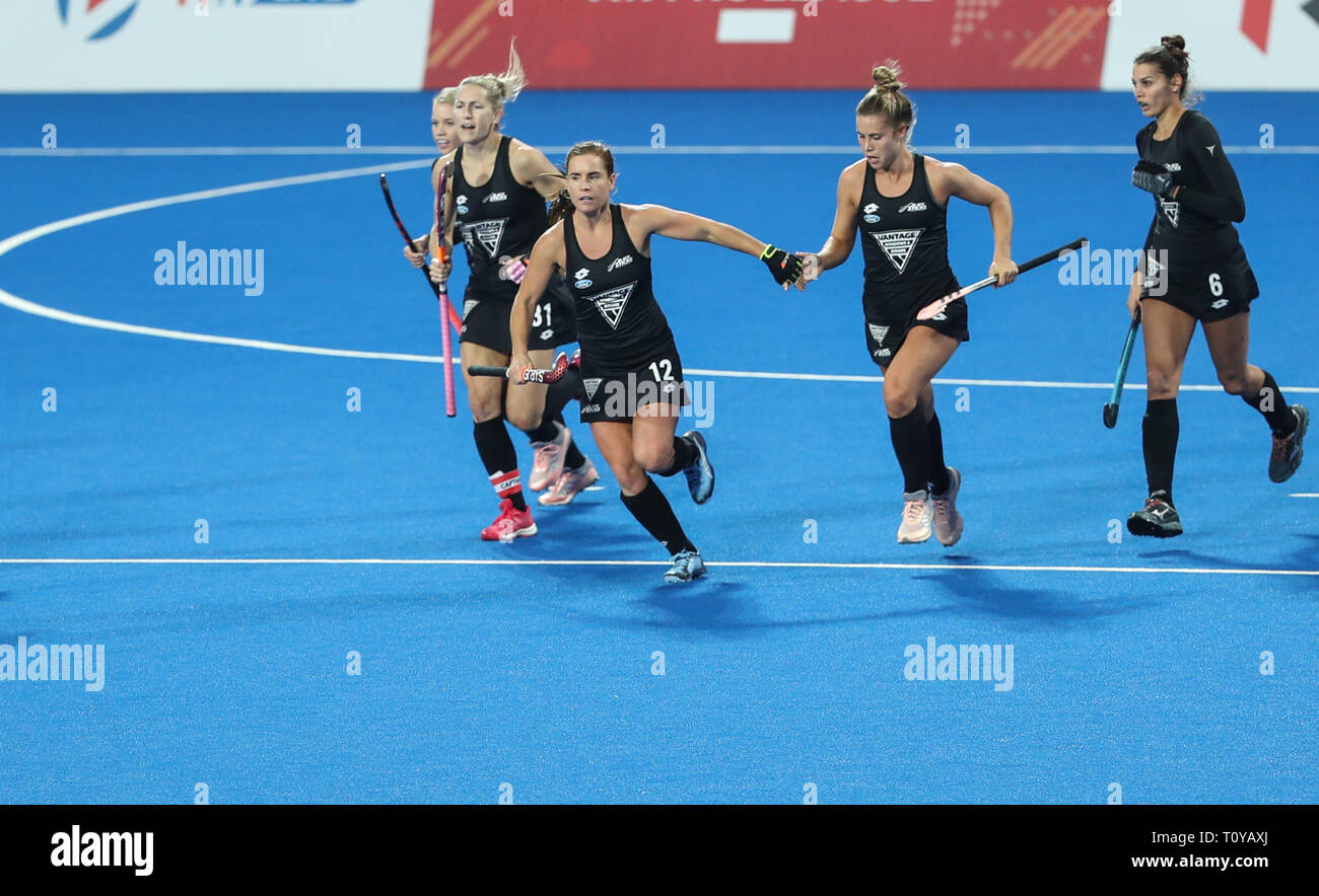 Changzhou, Provinz Jiangsu in China. 22 Mär, 2019. Spieler von Neuseeland Feiern während des 2019 FIH-PRO LEAGUE Frauen Liga Hockey Match gegen China in Changzhou, Provinz Jiangsu im Osten Chinas, 22. März 2019. China gewann 5-3. Credit: Yang Lei/Xinhua/Alamy leben Nachrichten Stockfoto