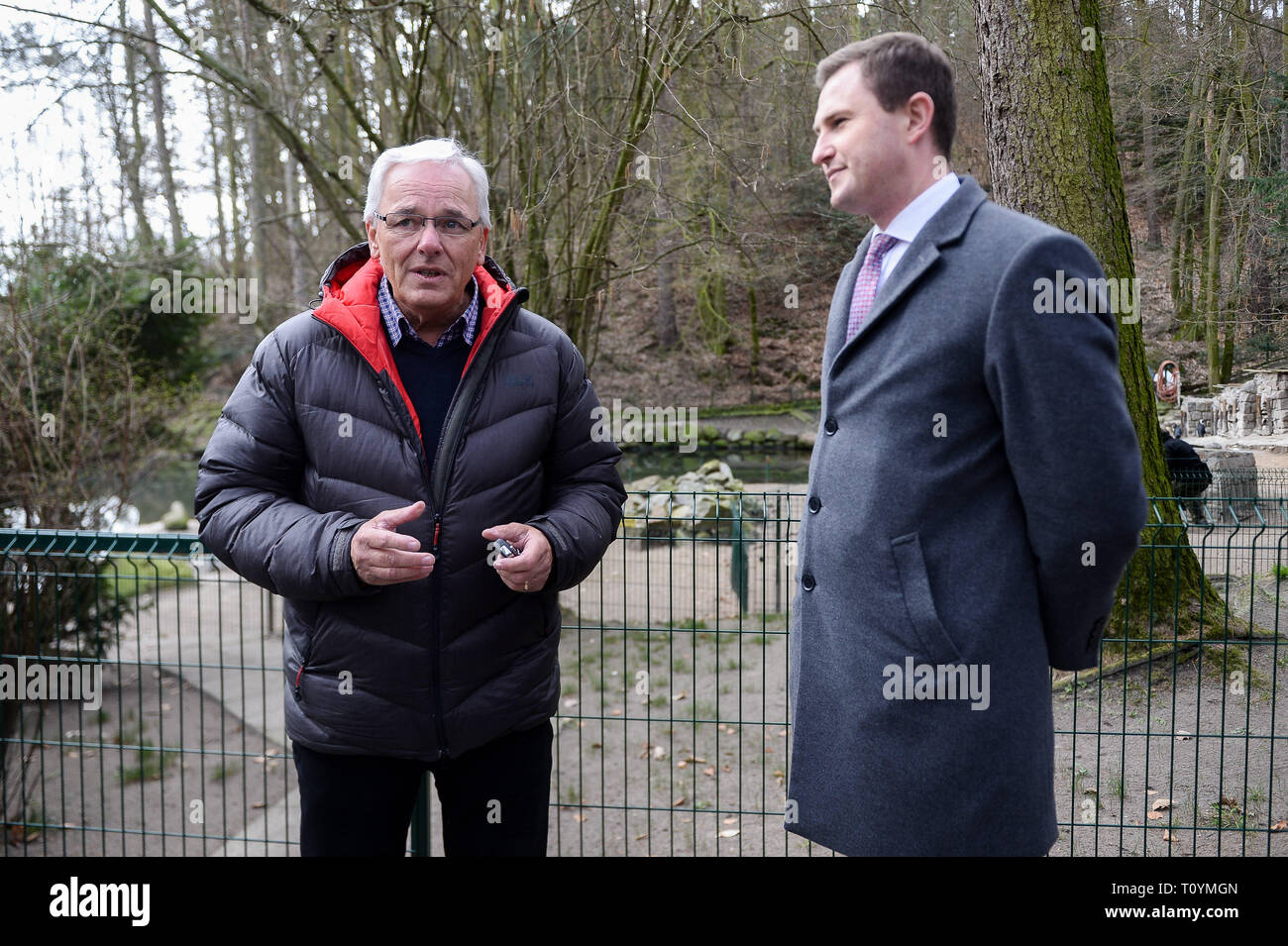 Michal Targowski - Danzig Zoodirektor (L) und Piotr Grzelak-Vizepräsident von Danzig (R) während der Pressekonferenz gesehen. In Danzig Zoo erschien eine neue Einwohner. Weltweit einzigartige afrikanische Pinguin (Spheniscus demersus) ist ein albinos und hat erstaunliche weißes Gefieder. Dieser Vogel ist in der Regel schwarz Oberfläche des Körpers mit klaren weißen Stirn und kann bis zu 63 cm hoch werden. Der Pinguin war auf einer eigens einberufenen Pressekonferenz im Zoo vorgestellt. Stockfoto