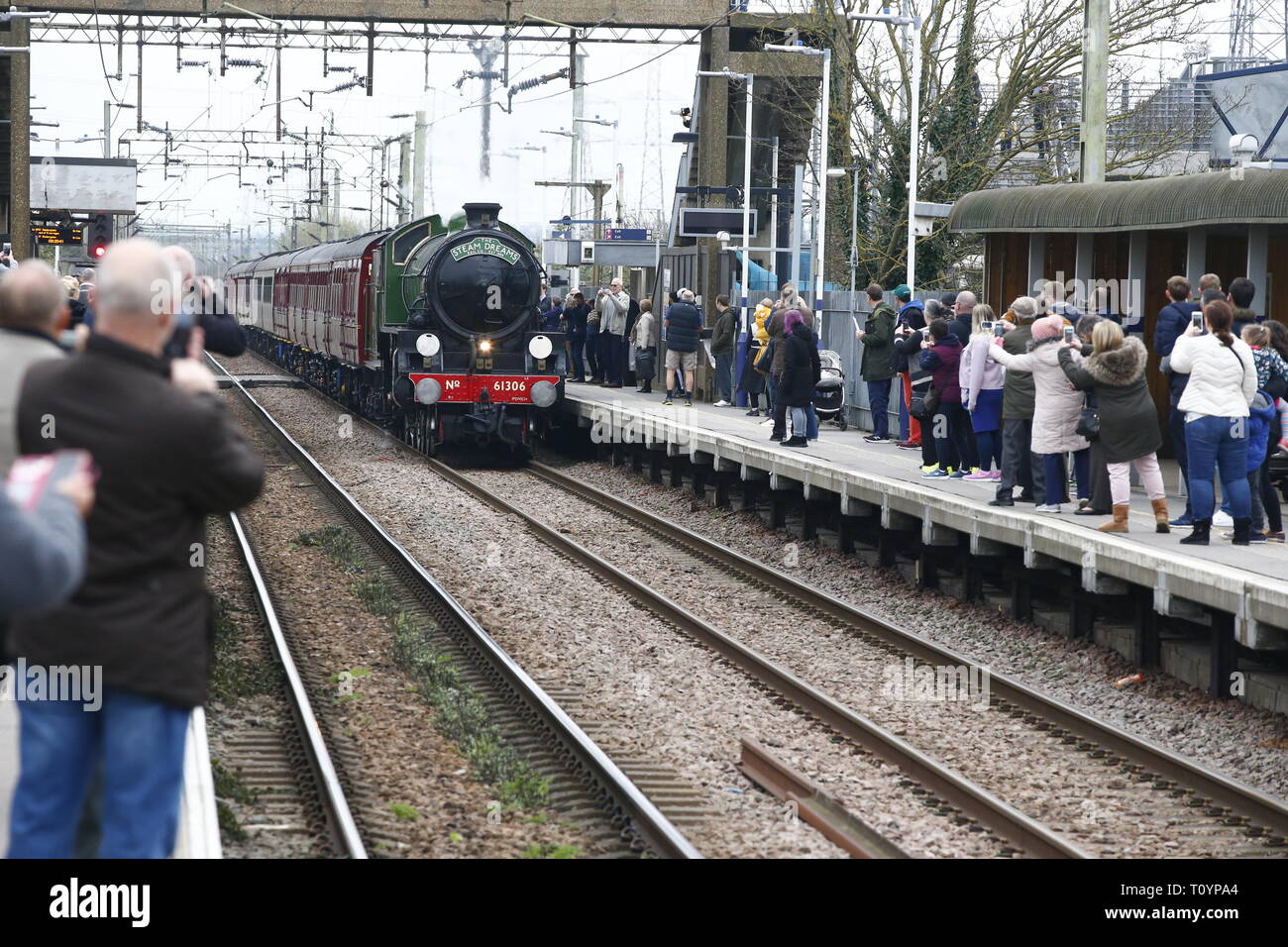 Rainham, UK. 23. März, 2019. Mayflower, die durch die Essex Land Seite und stoppt an Rainham Essex station. Die 61306 Mayflower ist einer von zwei Überlebenden B1 Klasse Lokomotiven gebaut wurde, für die London and North Eastern Railway, 61306 Mayflower ist einer von zwei Überlebenden B1 Klasse Lokomotiven. Die B1 wurden als gemischter Verkehr Lokomotiven in der Lage schleppen express Personenzüge sowie Güterverkehr konzipiert. Als leistungsfähige, klicken Sie an einer beliebigen Stelle Motoren, die B 1 Die meisten der britischen Eisenbahnnetz gegenüber von East Anglia nach Schottland gearbeitet. Credit: Aktion Foto Sport/Alamy leben Nachrichten Stockfoto