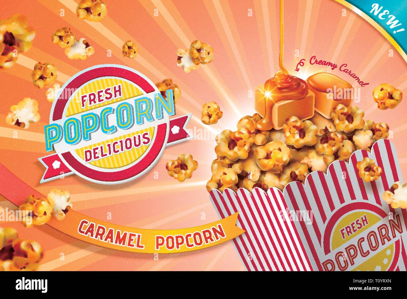 Classic Karamell popcorn Ads in gestreiften Papier container, 3D-Darstellung Stock Vektor