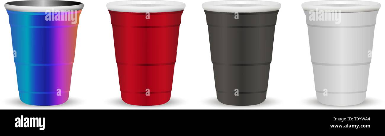 Party Becher mock up stellen Sie realistische 3D-Vektor Illustration. Das verfügbare Papier, Plastik und Metall Becher für Getränke und Spiele, Feier. Stock Vektor