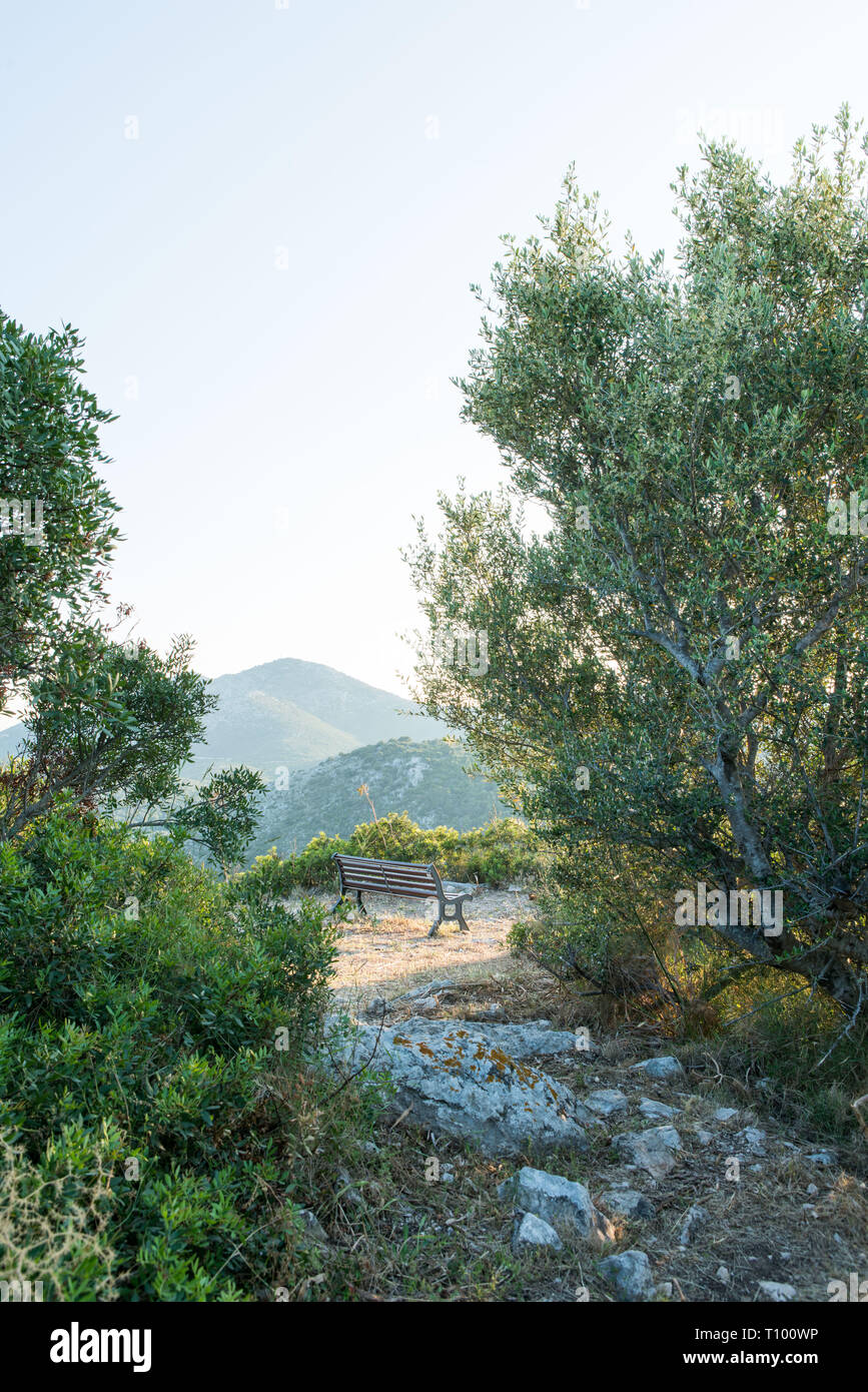 Bank, auf Sicht, in einer Landschaft, Lastovo, Kroatien Stockfoto