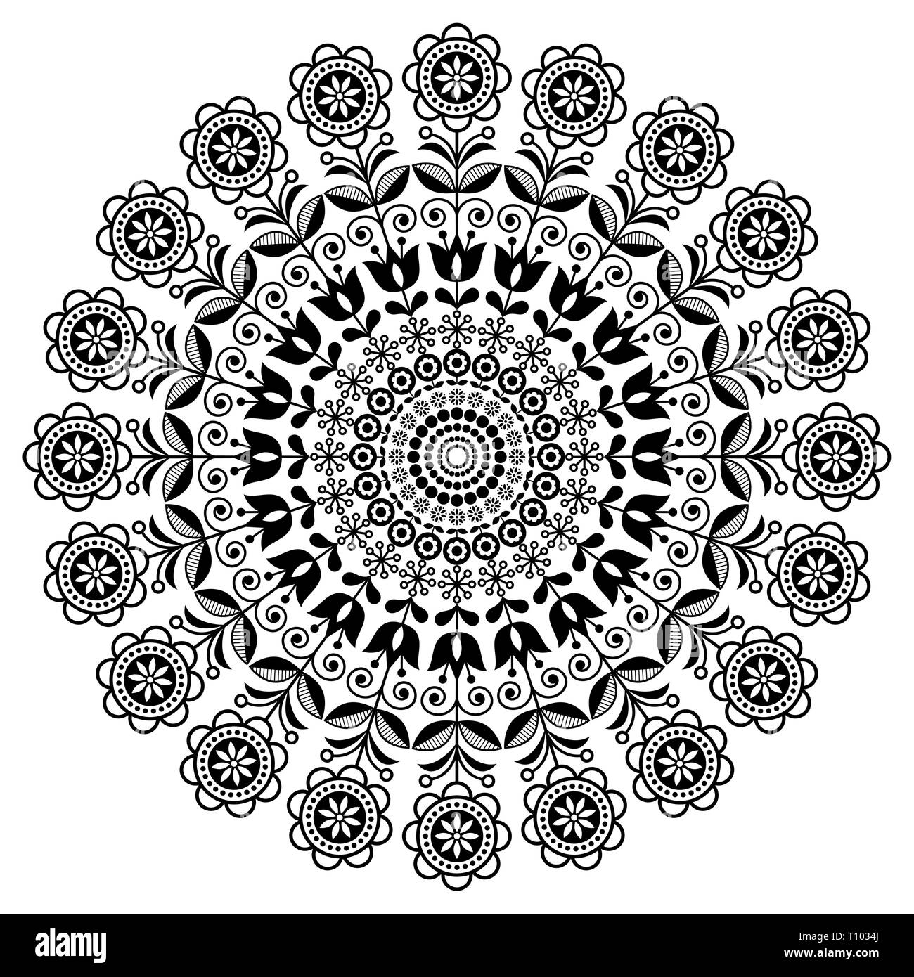 Skandinavische Volkskunst vektor Mandala mit Blumen, Blumen runde Ornament, Nordic Design mit Blumen im Kreis, ethnische Zusammensetzung Stock Vektor